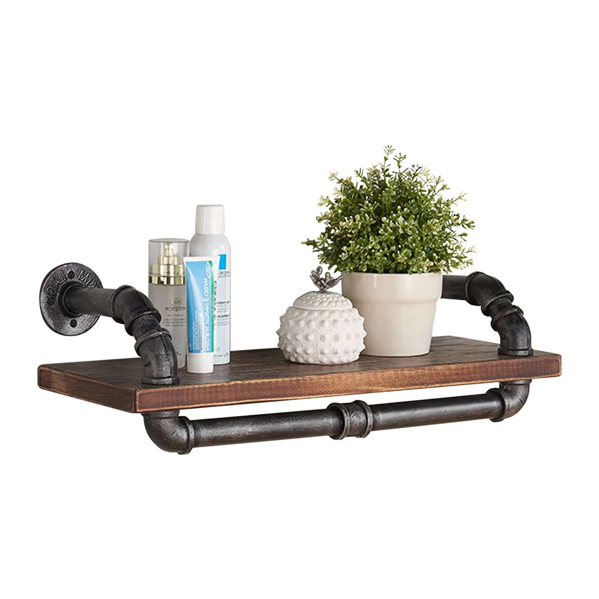 24" Isadore Industrial Pine Wood Floating Wall Shelf in Gray and Walnut Finish By Armen Living - Image 2