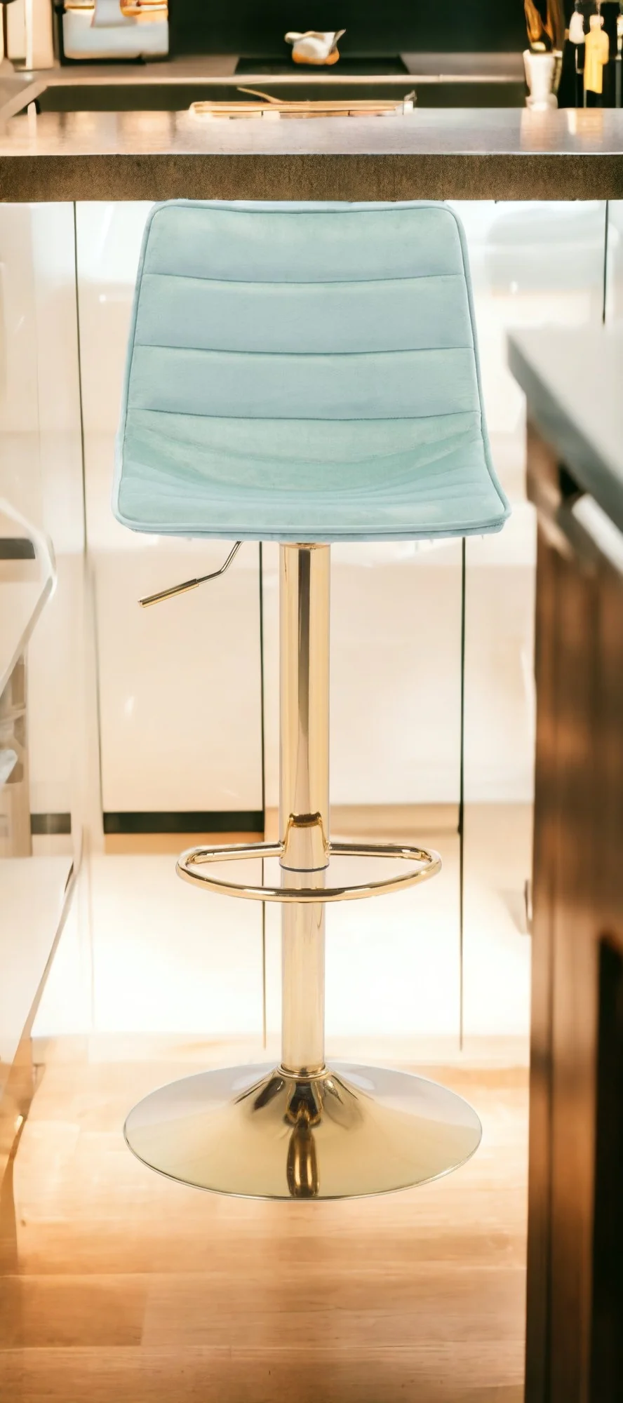 24" Light Green and Gold Steel Swivel Low Back Counter Height Bar Chair with Footrest By Homeroots - Image 2
