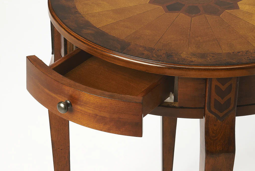 24" Medium Brown And Olive Ash Manufactured Wood Round End Table With Drawer By Homeroots - Image 5
