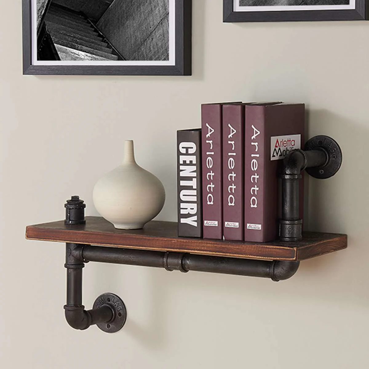 24" Montana Industrial Pine Wood Floating Wall Shelf in Gray and Walnut Finish By Armen Living - Image 2