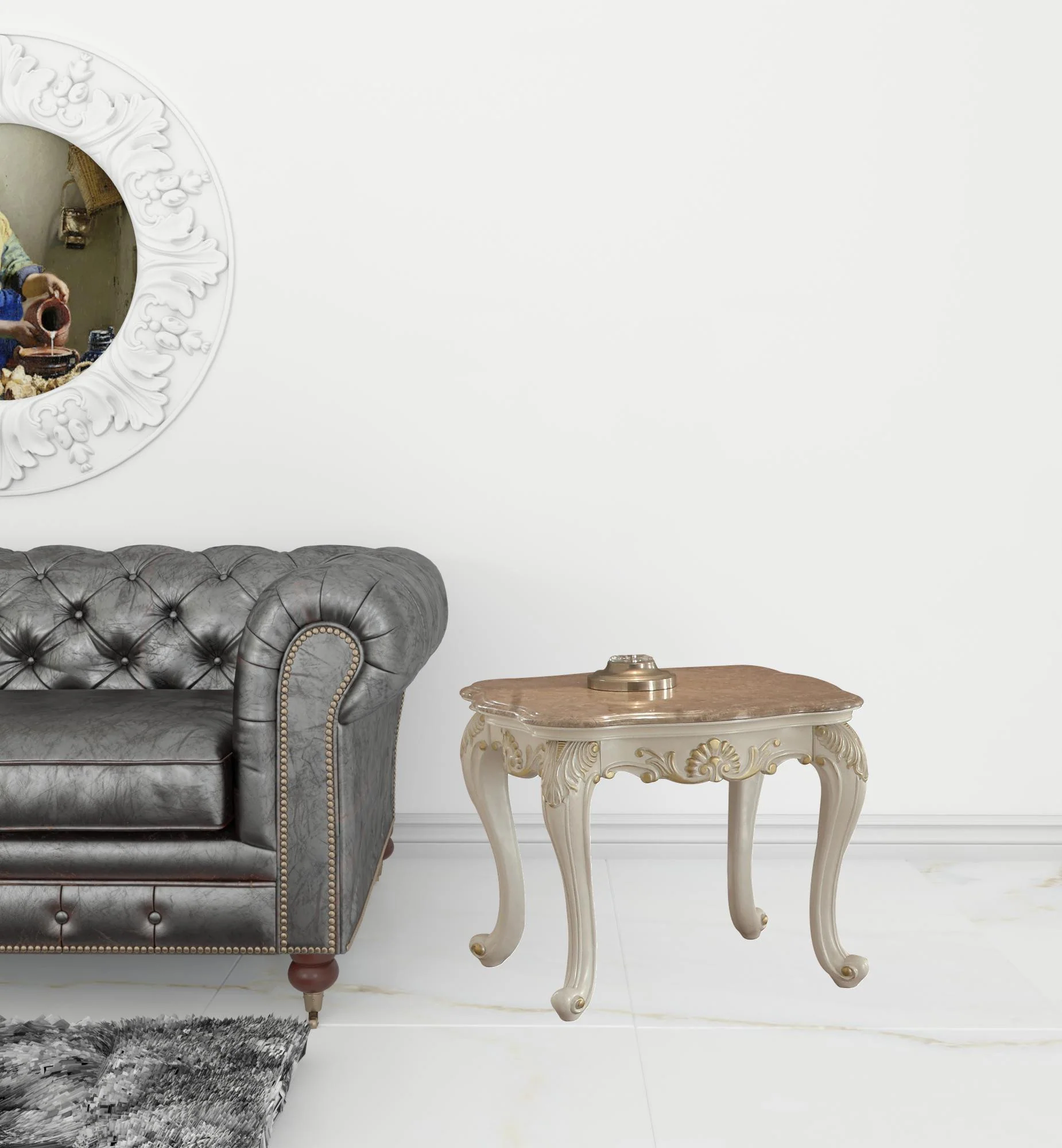 24" Pearl White Brushed With Gold Accents And Light Brown Marble End Table By Homeroots - Image 2