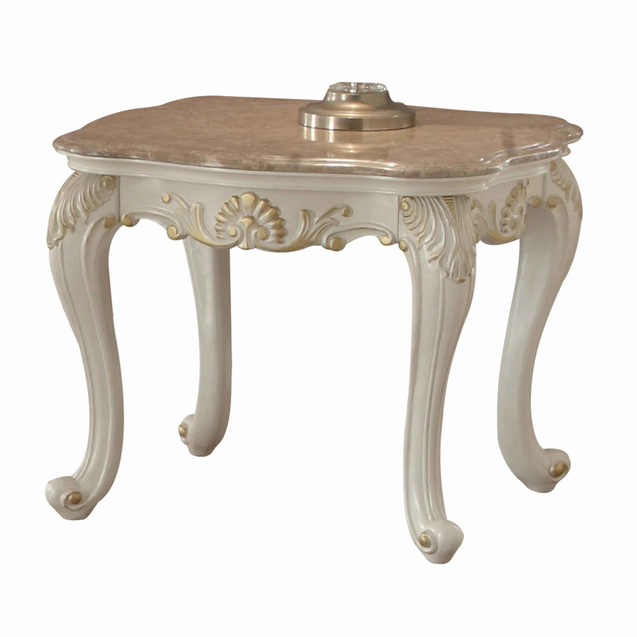24" Pearl White Brushed With Gold Accents And Light Brown Marble End Table By Homeroots - Image 3