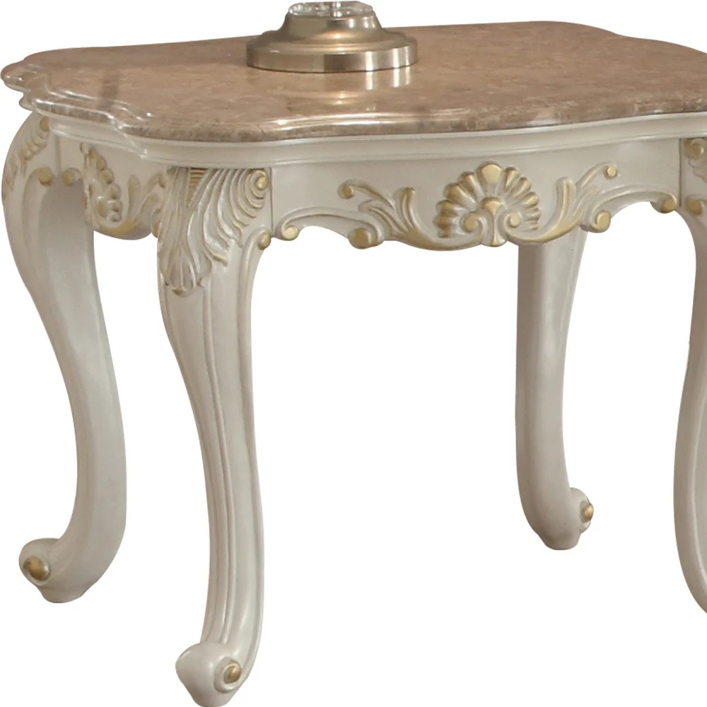 24" Pearl White Brushed With Gold Accents And Light Brown Marble End Table By Homeroots - Image 4