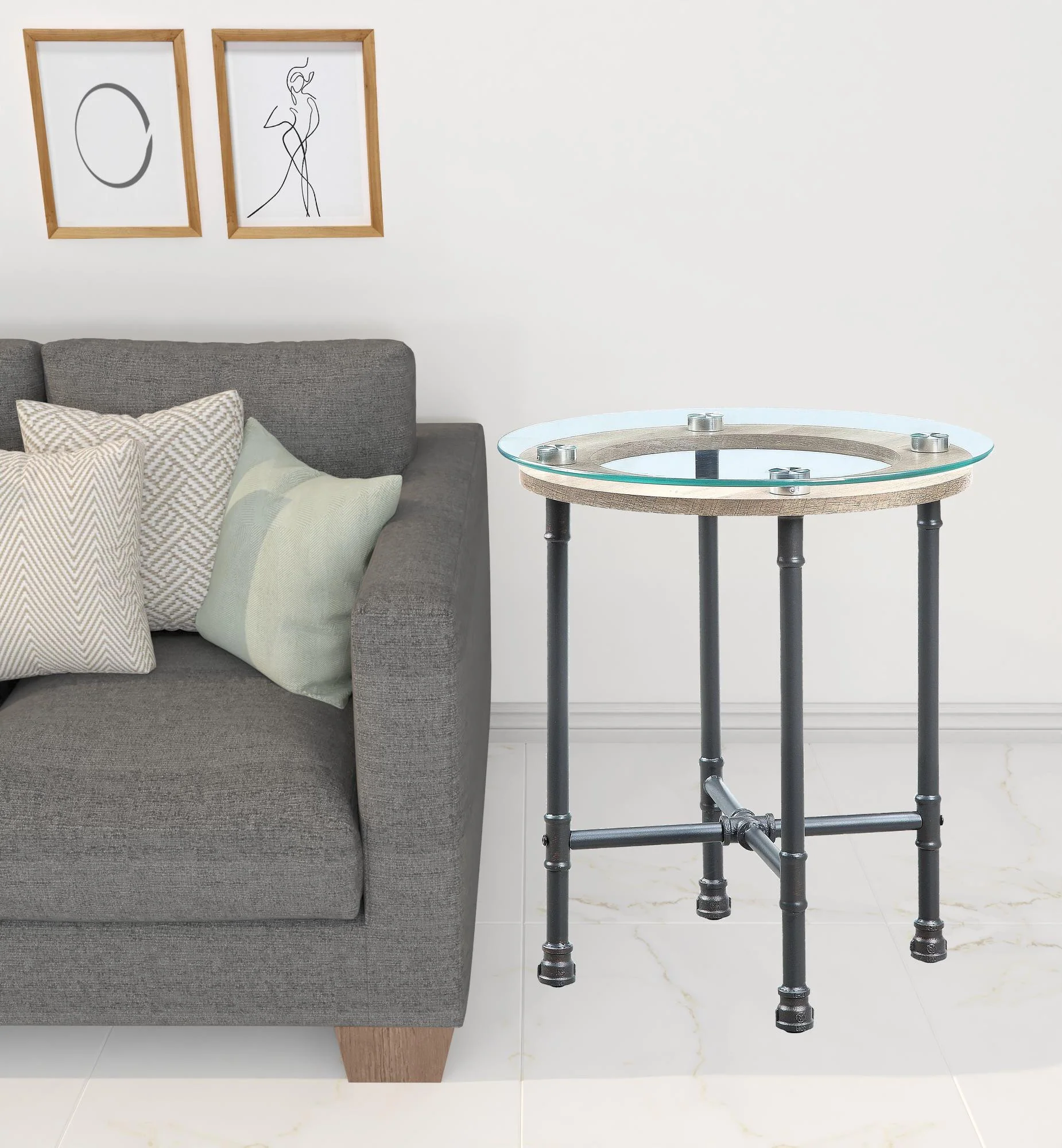 24" Sandy Gray And Clear Glass And Metal Round End Table By Homeroots - Image 3
