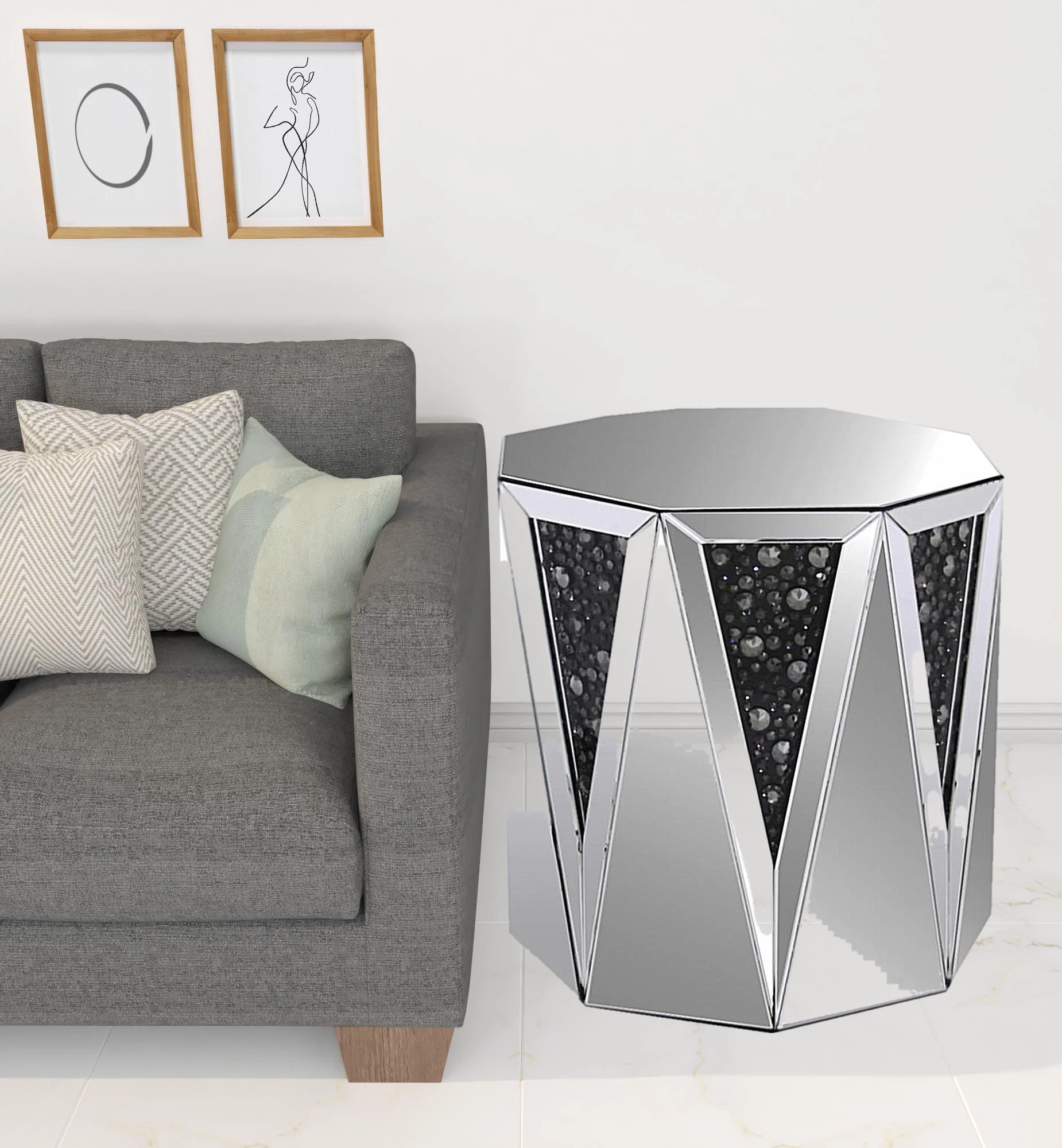 24" Silver And Faux Crystals Octagon Mirrored End Table By Homeroots - Image 2