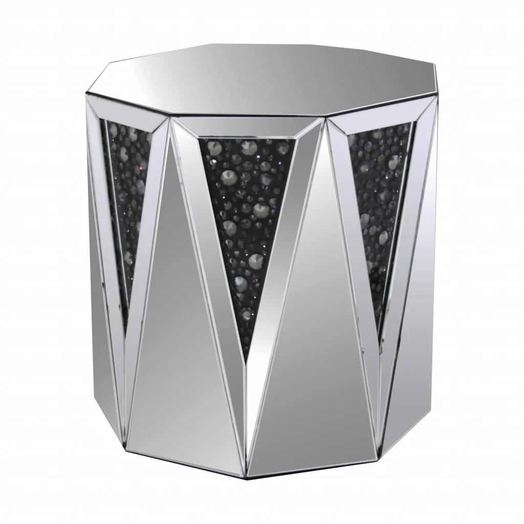 24" Silver And Faux Crystals Octagon Mirrored End Table By Homeroots - Image 3