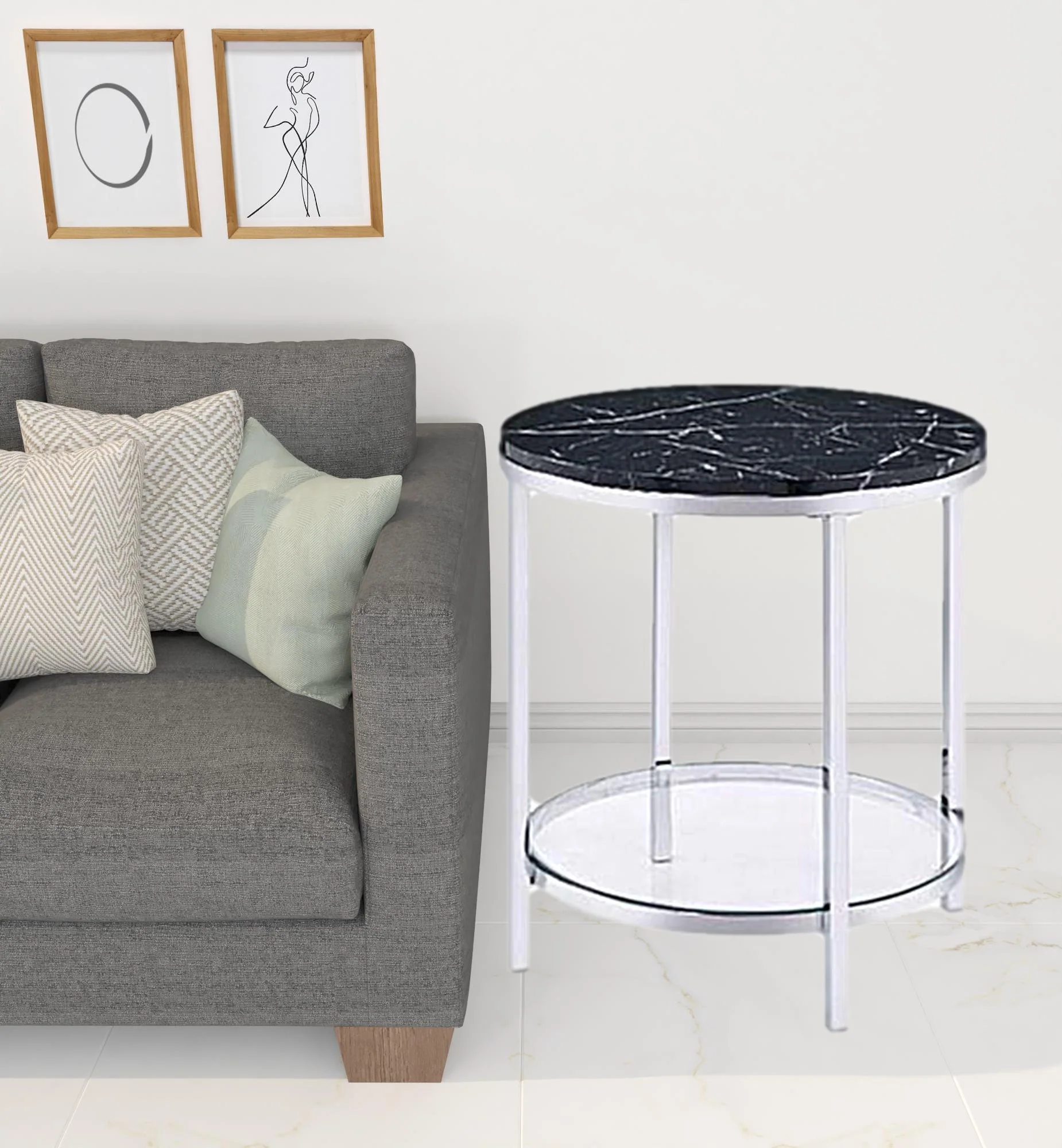 25" Chrome And Black Faux Marble And Metal Round End Table With Shelf By Homeroots - Image 2