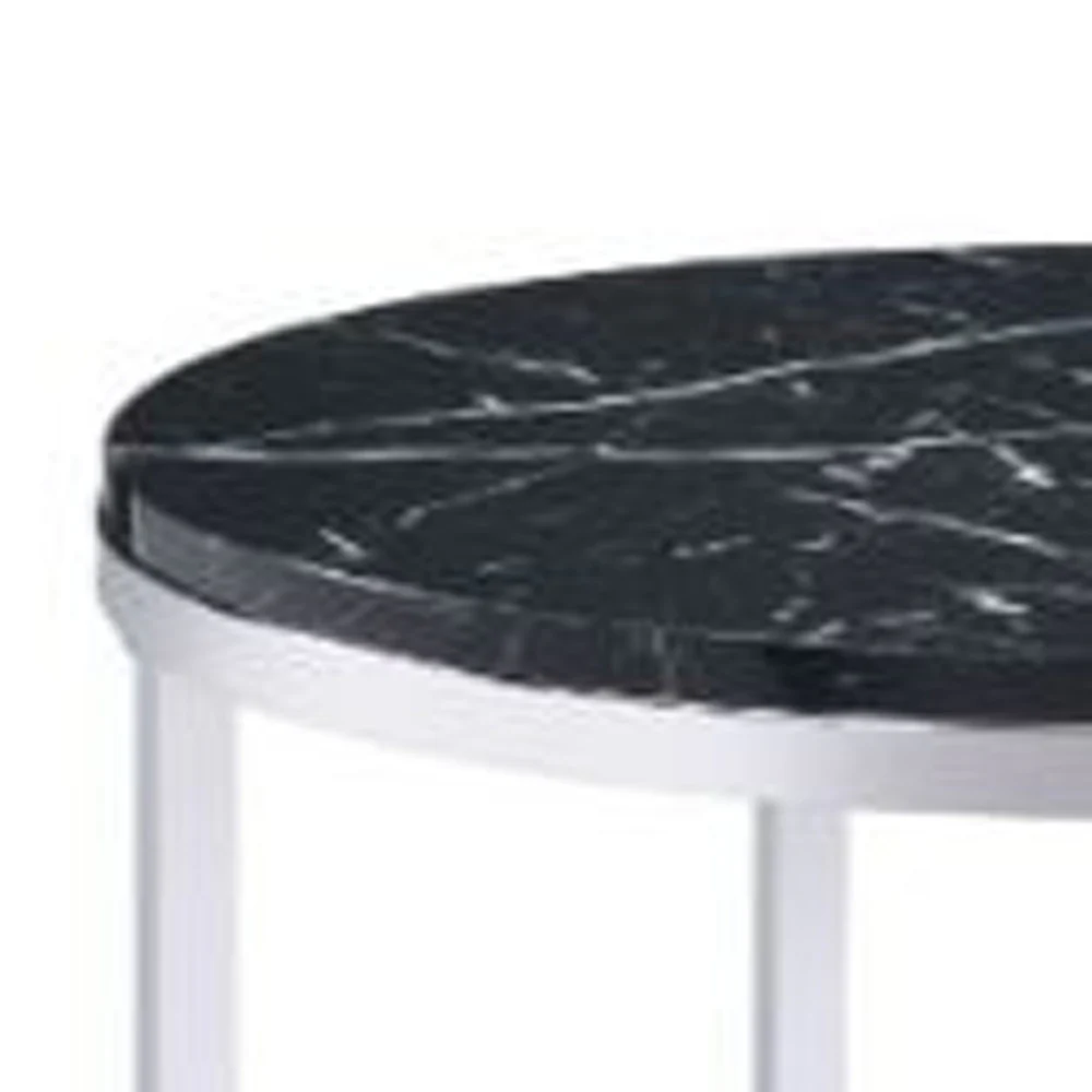25" Chrome And Black Faux Marble And Metal Round End Table With Shelf By Homeroots - Image 4