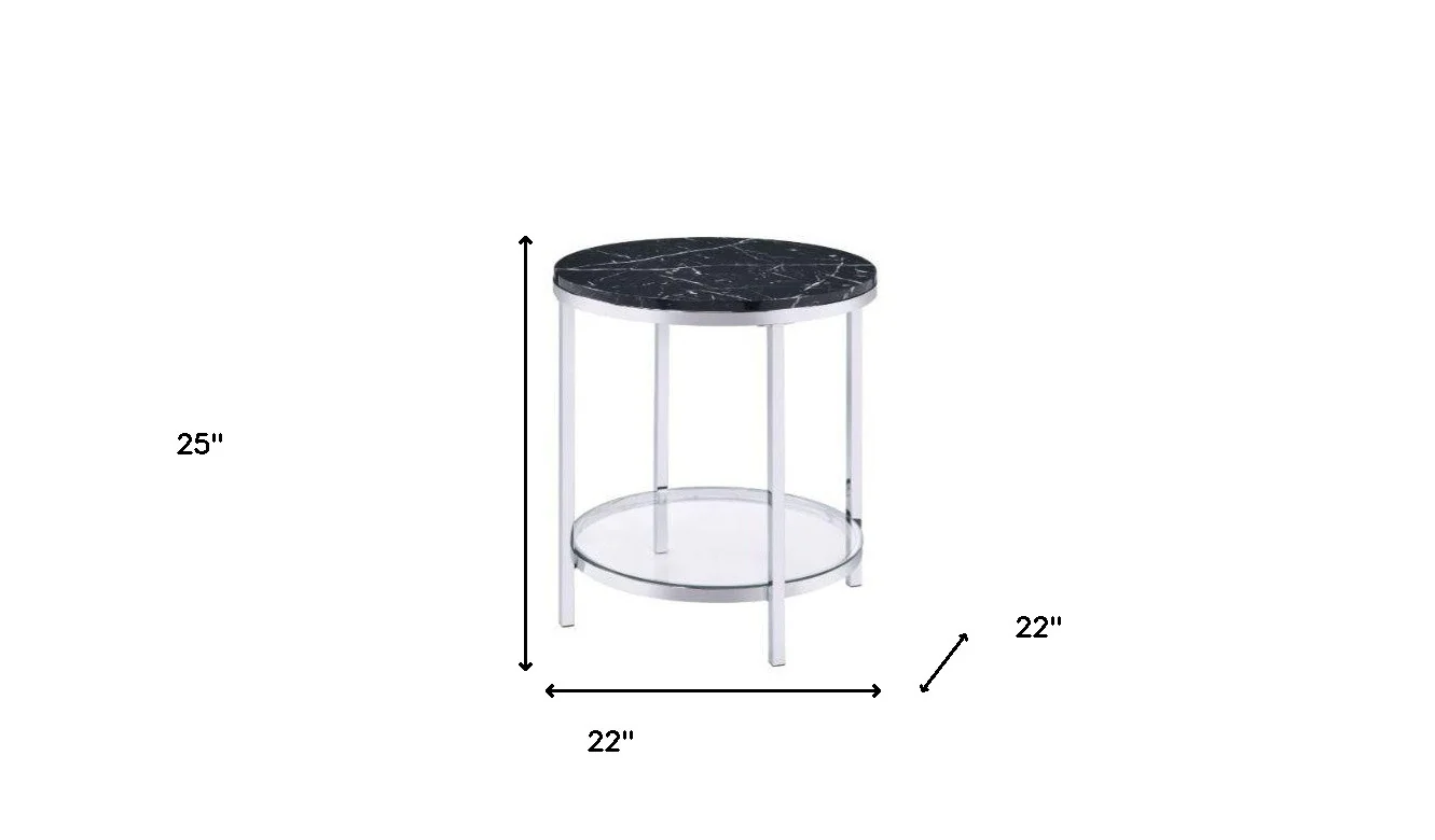 25" Chrome And Black Faux Marble And Metal Round End Table With Shelf By Homeroots - Image 5