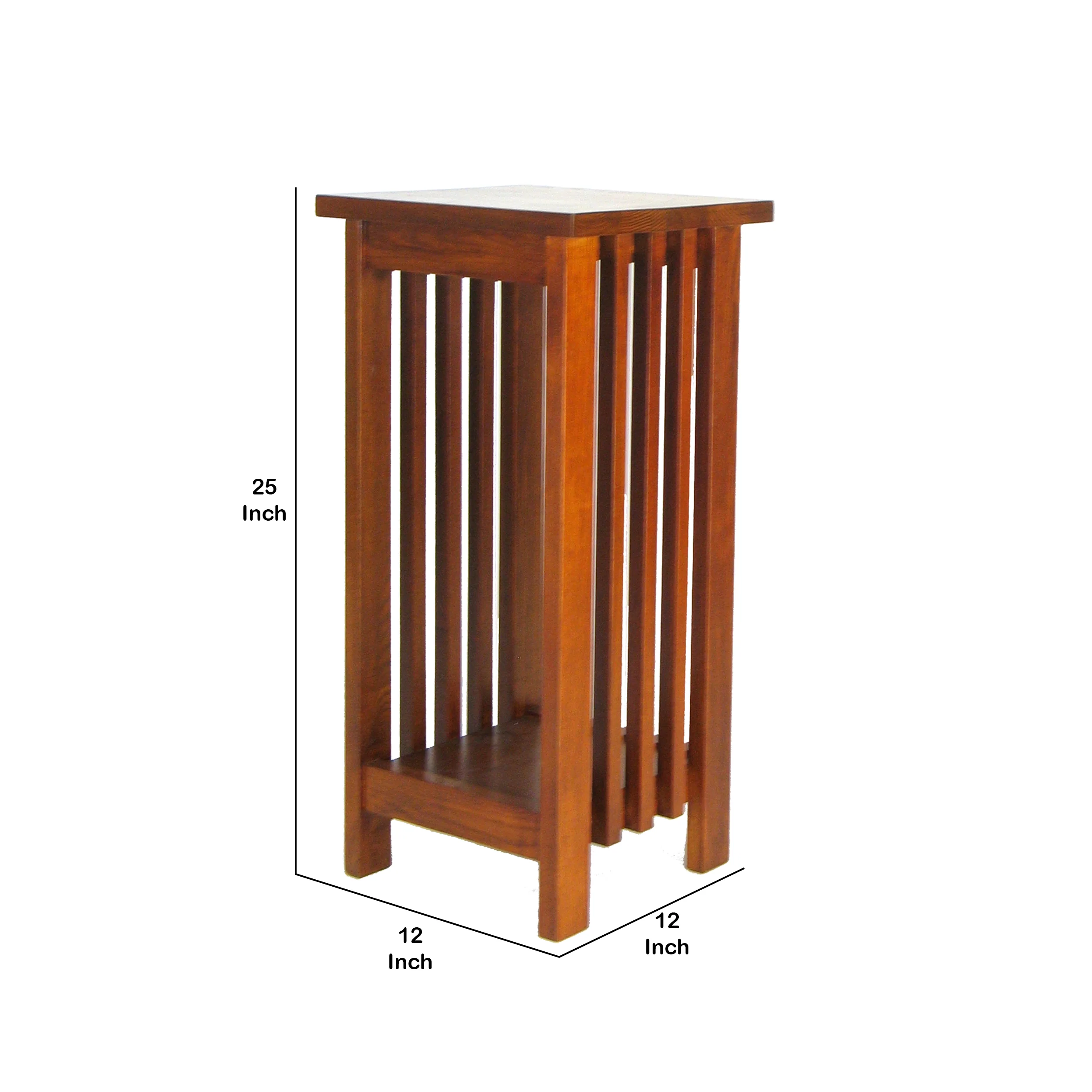 25 Inch Wooden Flower Stand with Slatted Sides and Bottom Shelf, Brown By Benzara - Image 4