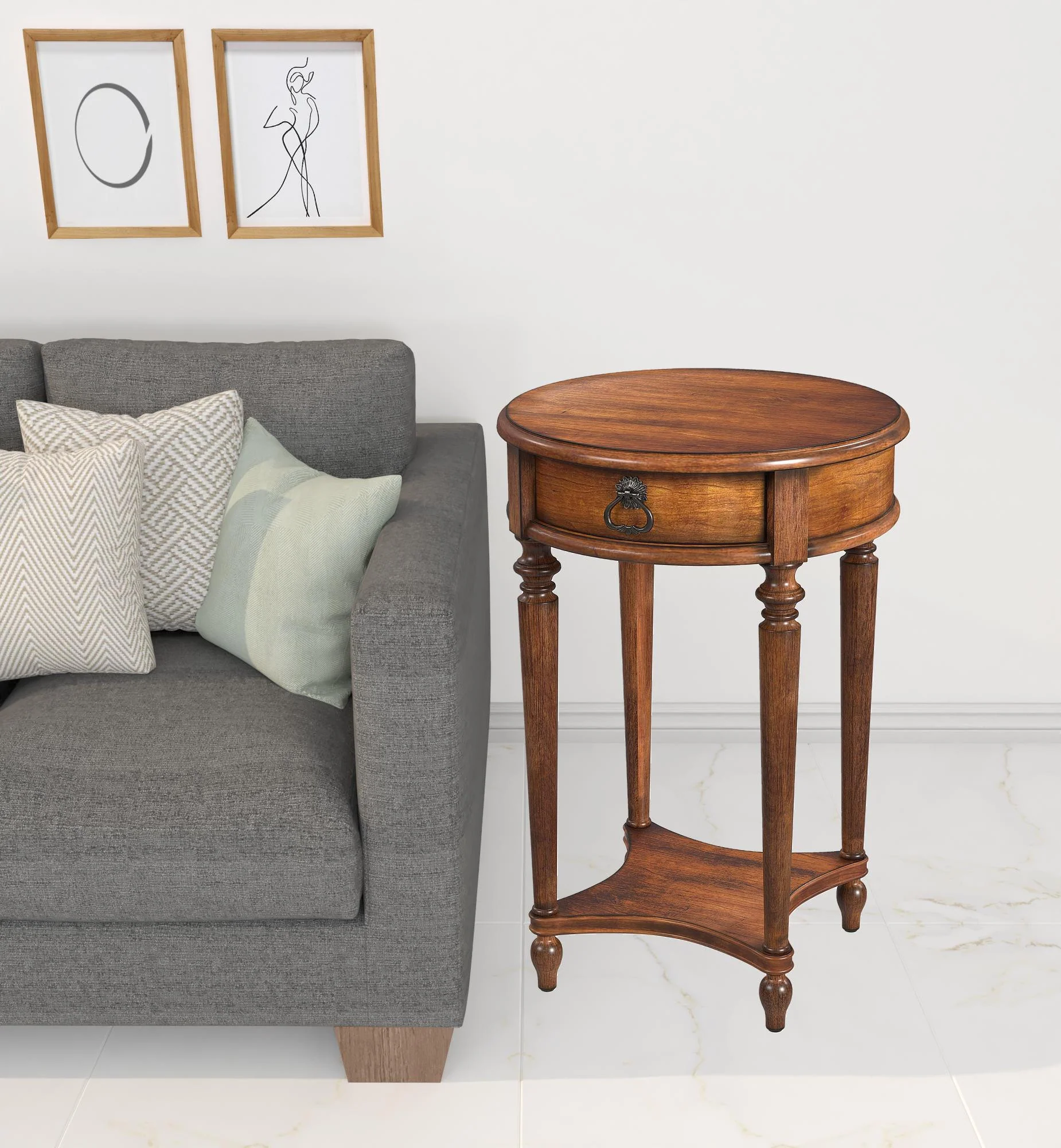 26" Antique Cherry Solid And Manufactured Wood Round End Table With Drawer And Shelf By Homeroots - Image 7