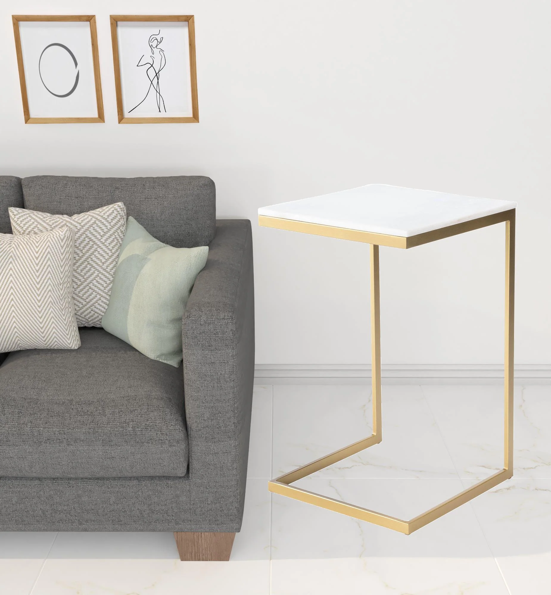 26" Antique Gold and White Marble Square C Shape End Table By Homeroots - Image 6