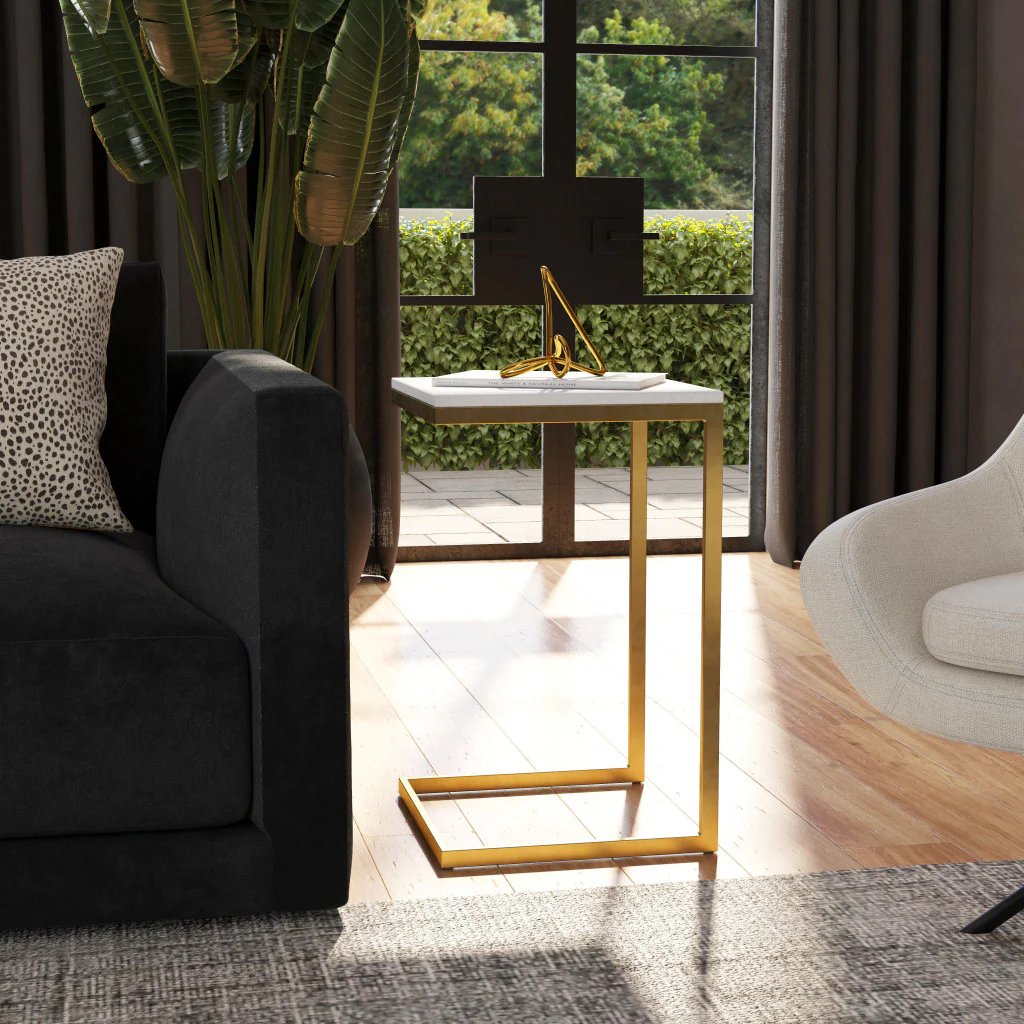 26" Antique Gold and White Marble Square C Shape End Table By Homeroots - Image 8