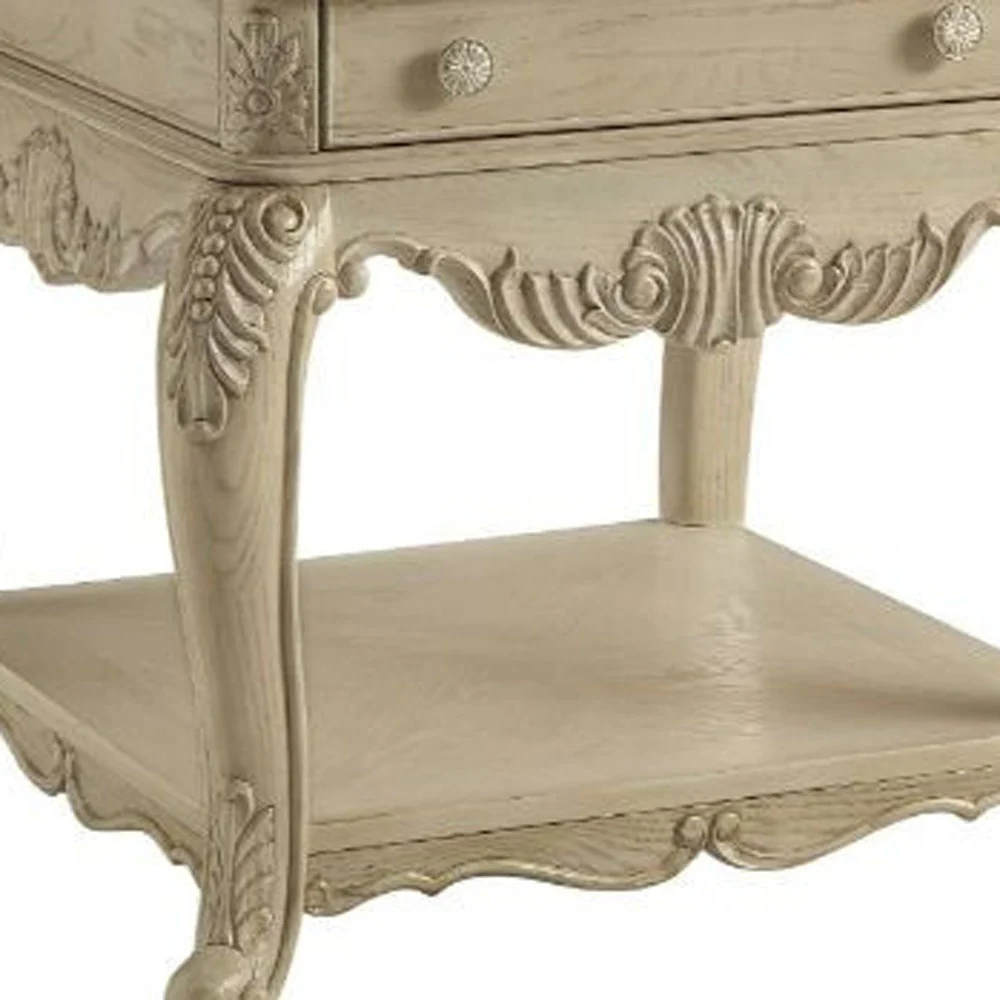 26" Antique White Manufactured Wood And Polyresin Rectangular End Table With Drawer And Shelf By Homeroots - Image 3