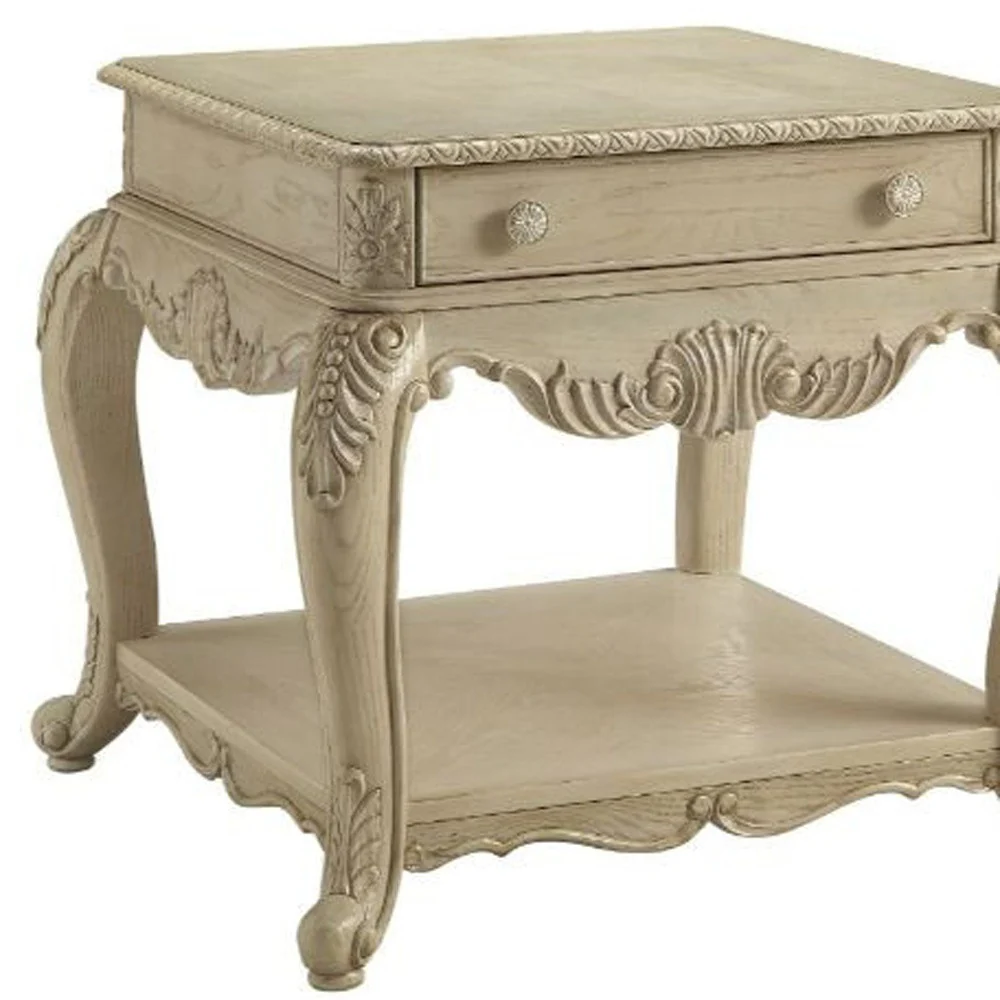 26" Antique White Manufactured Wood And Polyresin Rectangular End Table With Drawer And Shelf By Homeroots - Image 4