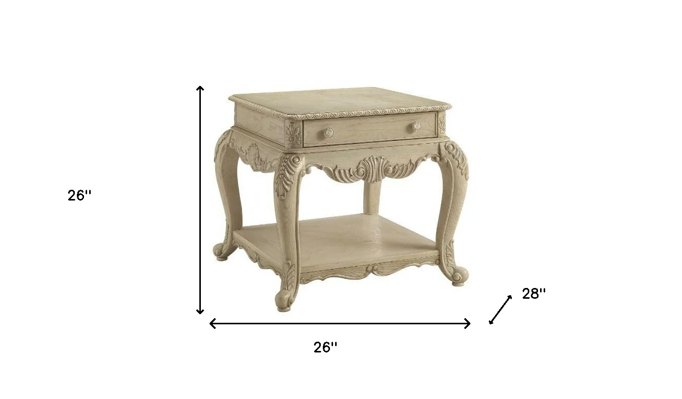 26" Antique White Manufactured Wood And Polyresin Rectangular End Table With Drawer And Shelf By Homeroots - Image 5