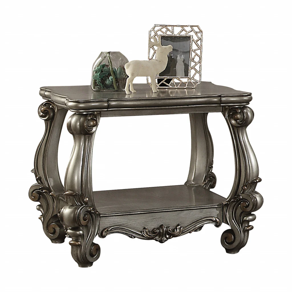 26" Antiqued Platinum Manufactured Wood And Polyresin Scroll Square End Table By Homeroots - Image 2
