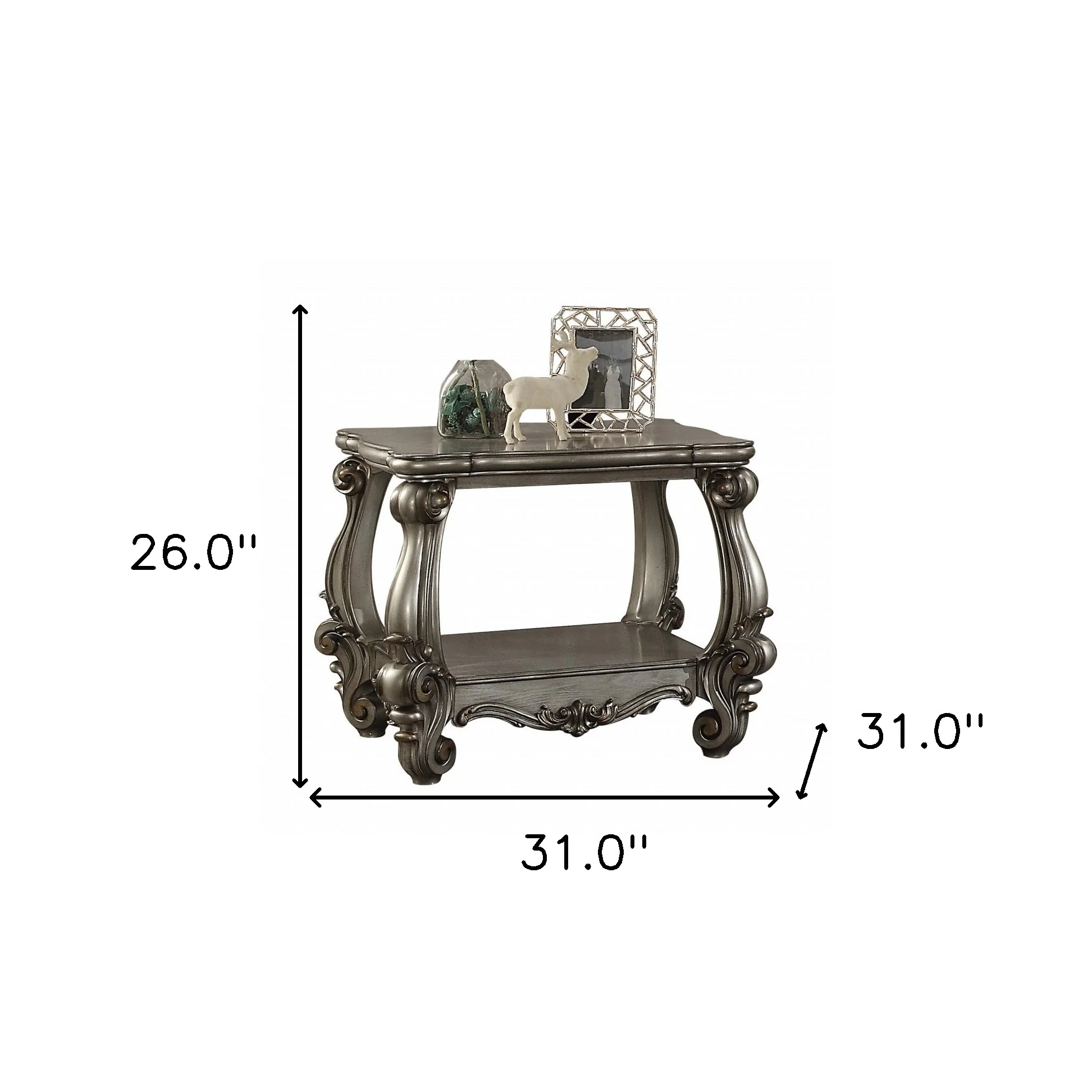 26" Antiqued Platinum Manufactured Wood And Polyresin Scroll Square End Table By Homeroots - Image 3