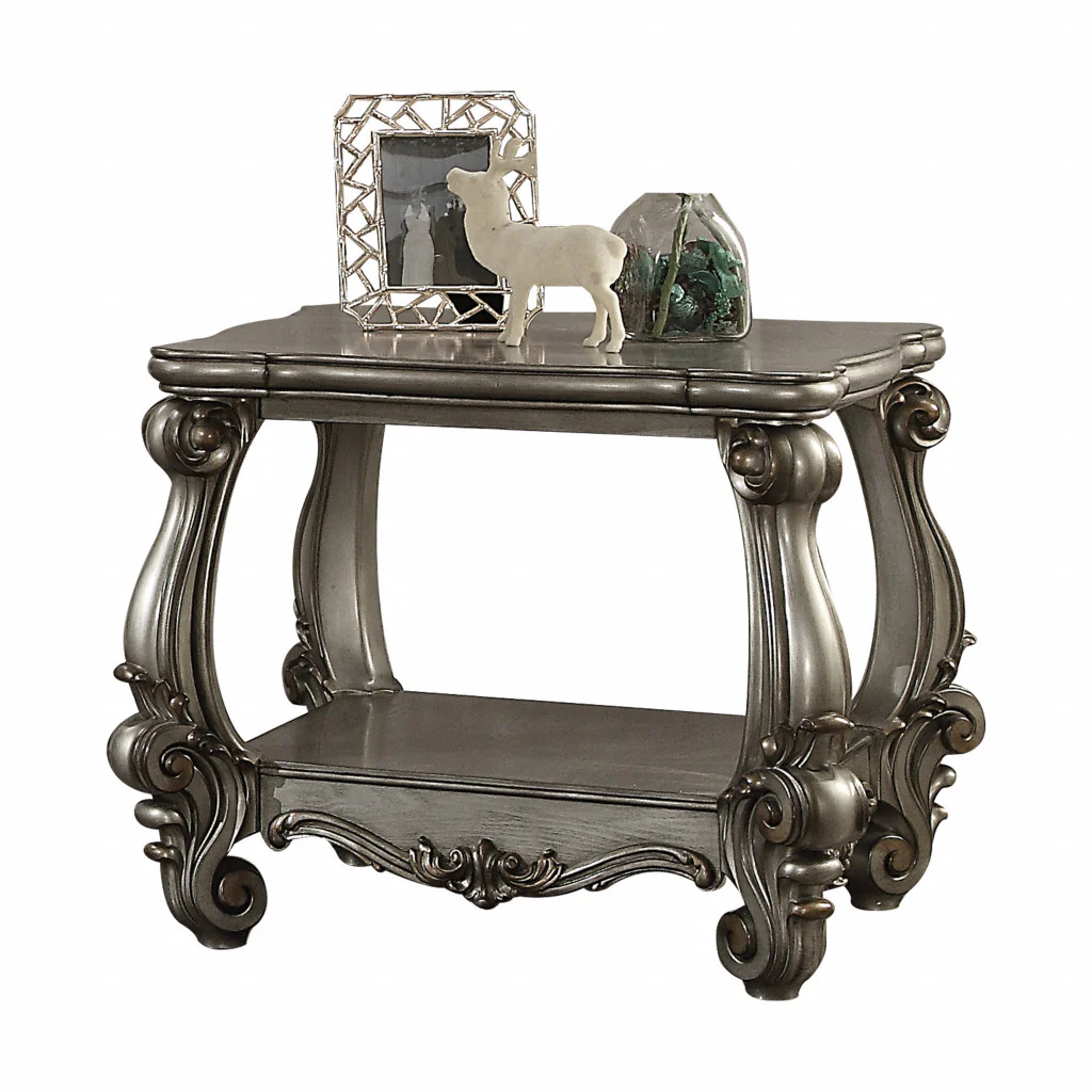 26" Antiqued Platinum Manufactured Wood And Polyresin Scroll Square End Table By Homeroots - Image 4