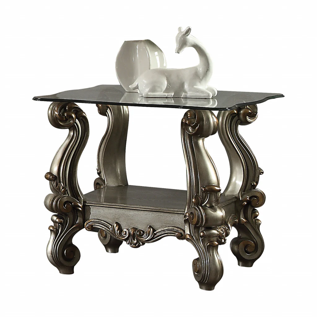 26" Antiqued Platinum Polyresin Scroll And Clear Glass Square End Table With Shelf By Homeroots - Image 2