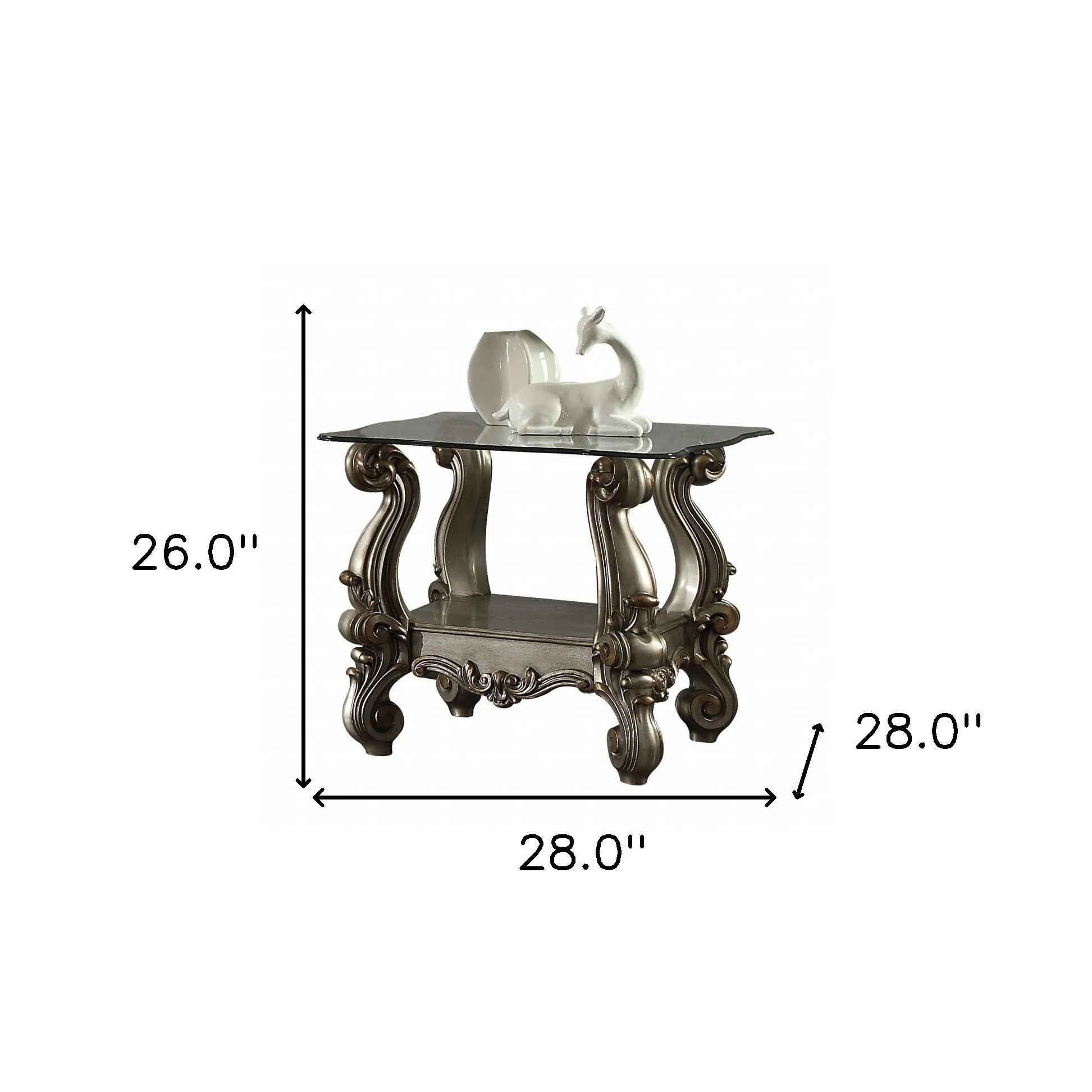 26" Antiqued Platinum Polyresin Scroll And Clear Glass Square End Table With Shelf By Homeroots - Image 3