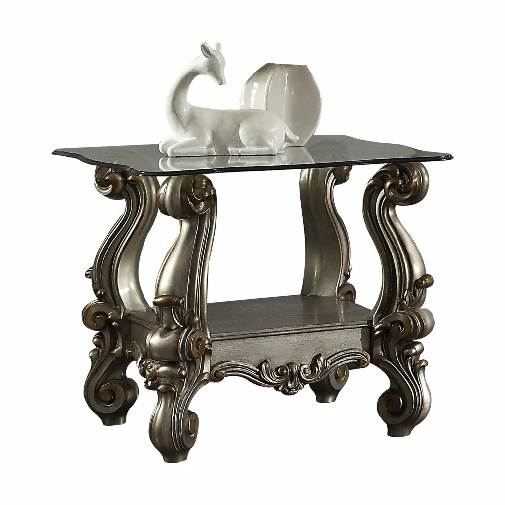 26" Antiqued Platinum Polyresin Scroll And Clear Glass Square End Table With Shelf By Homeroots - Image 4