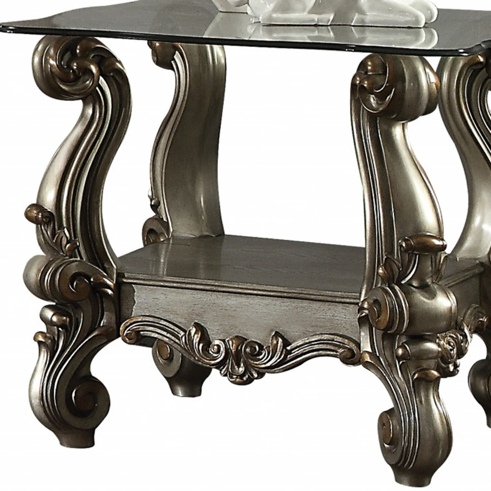 26" Antiqued Platinum Polyresin Scroll And Clear Glass Square End Table With Shelf By Homeroots - Image 5