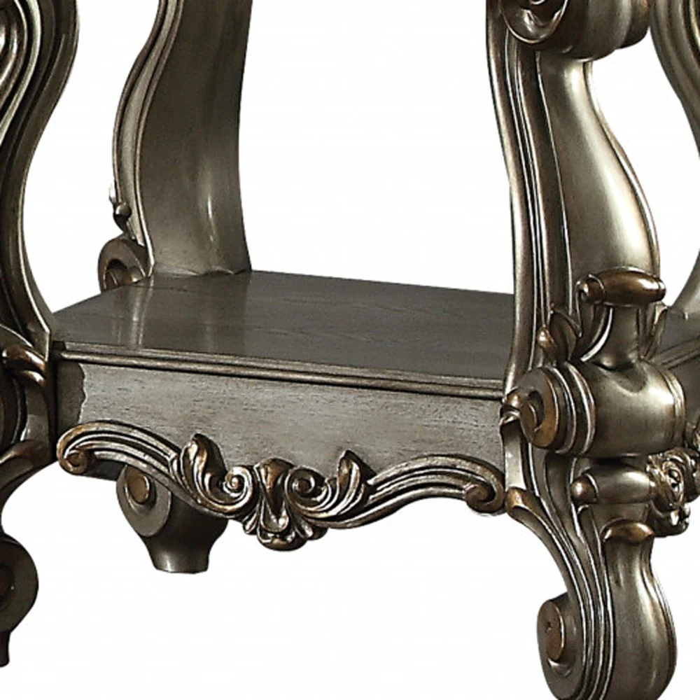 26" Antiqued Platinum Polyresin Scroll And Clear Glass Square End Table With Shelf By Homeroots - Image 6