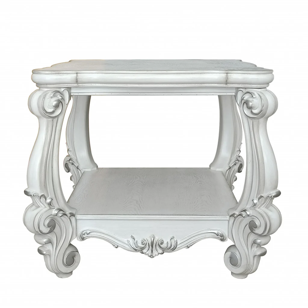 26" Antiqued White Manufactured Wood Square Scroll End Table With Shelf By Homeroots - Image 2