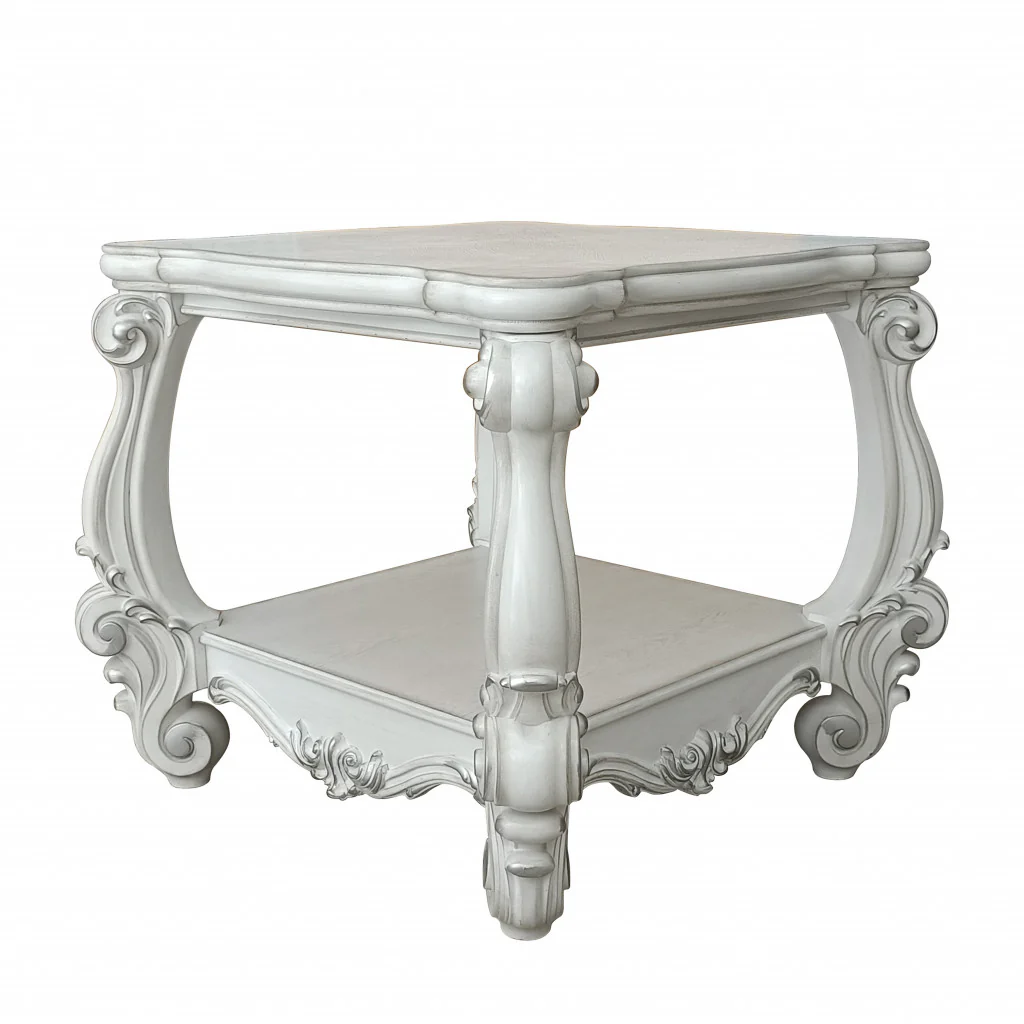 26" Antiqued White Manufactured Wood Square Scroll End Table With Shelf By Homeroots - Image 3