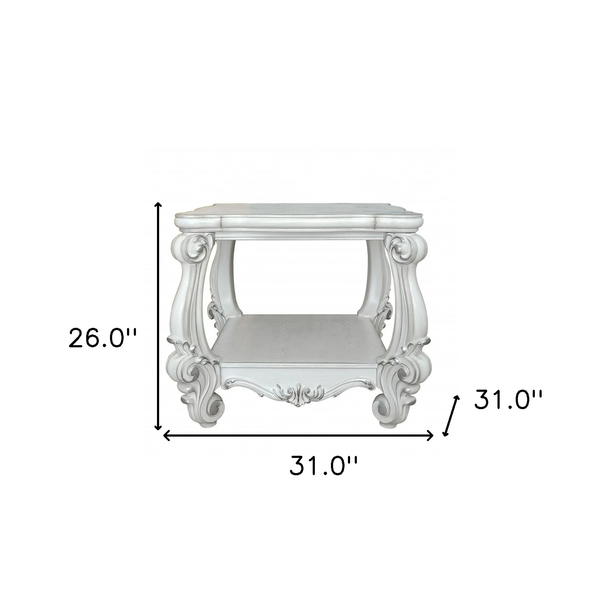 26" Antiqued White Manufactured Wood Square Scroll End Table With Shelf By Homeroots - Image 5