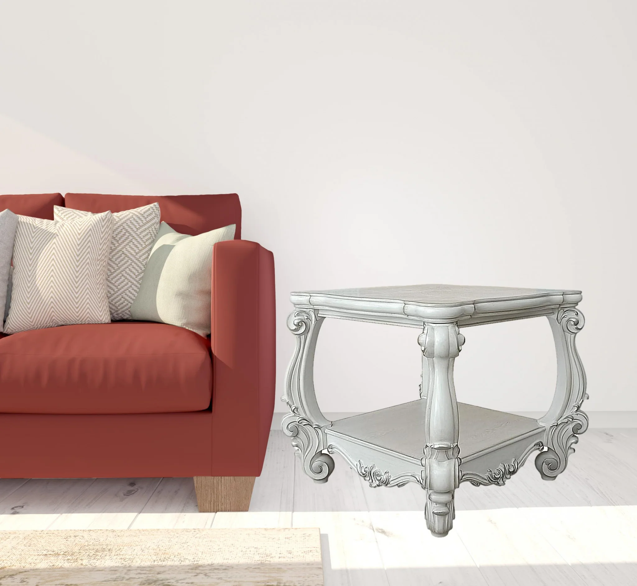 26" Antiqued White Manufactured Wood Square Scroll End Table With Shelf By Homeroots - Image 6