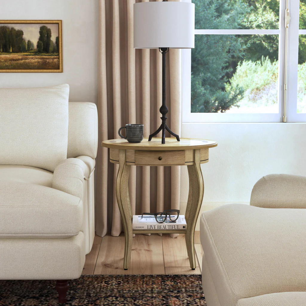 26" Beige Manufactured Wood Oval End Table With Drawer And Shelf By Homeroots - Image 7