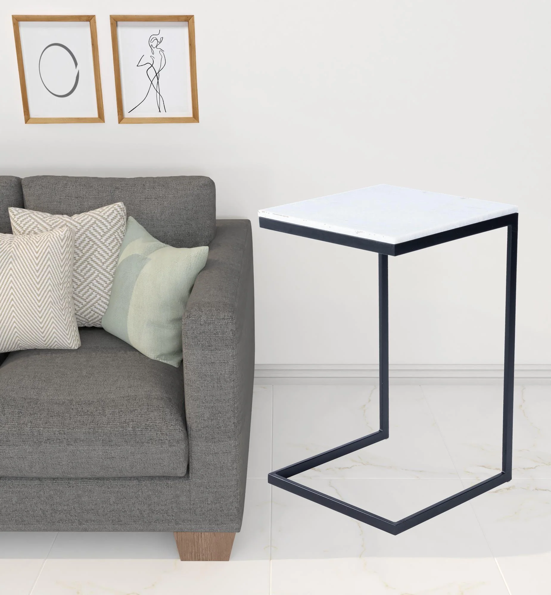 26" Black and White Marble Square C Shape End Table By Homeroots - Image 6