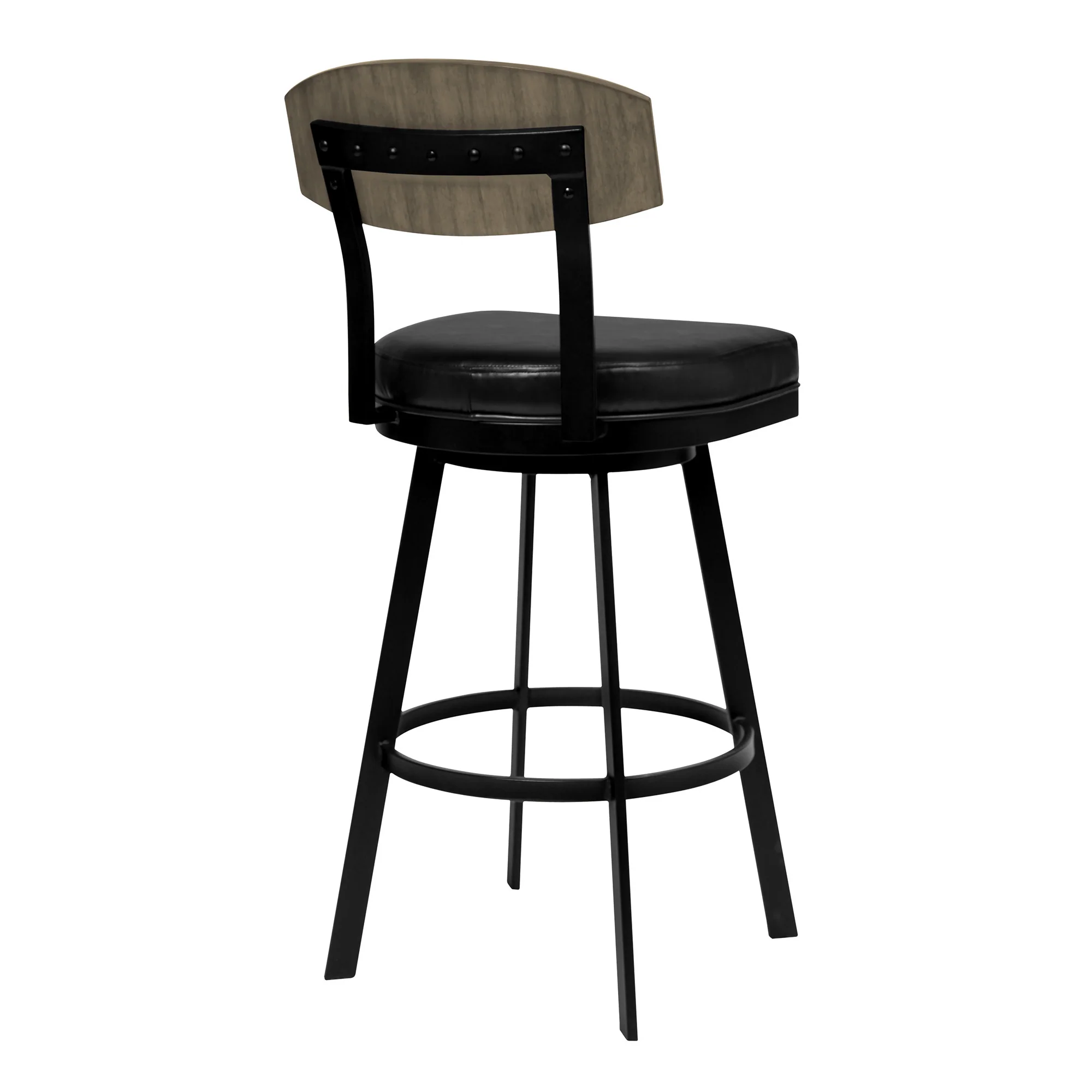 26" Black Faux Leather Black Metal and Gray Walnut Open Back Swivel Bar Stool By Homeroots - Image 3