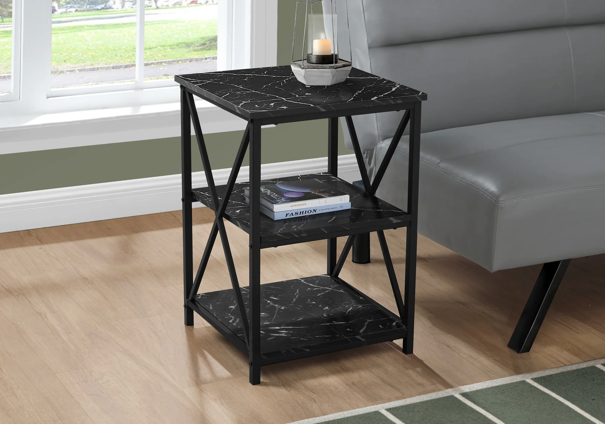26" Black Faux Marble End Table With Two Shelves By Homeroots - Image 2