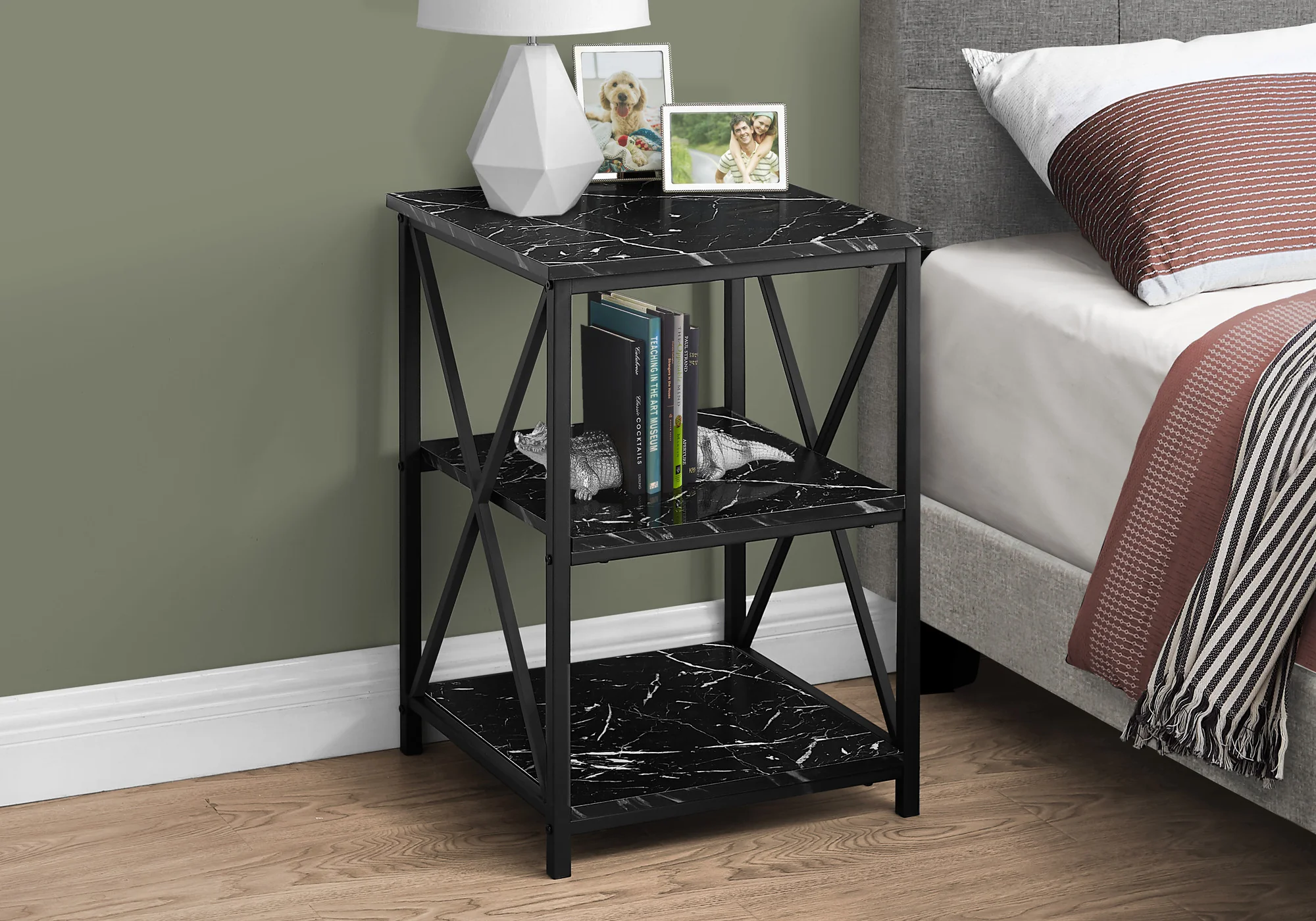 26" Black Faux Marble End Table With Two Shelves By Homeroots - Image 3
