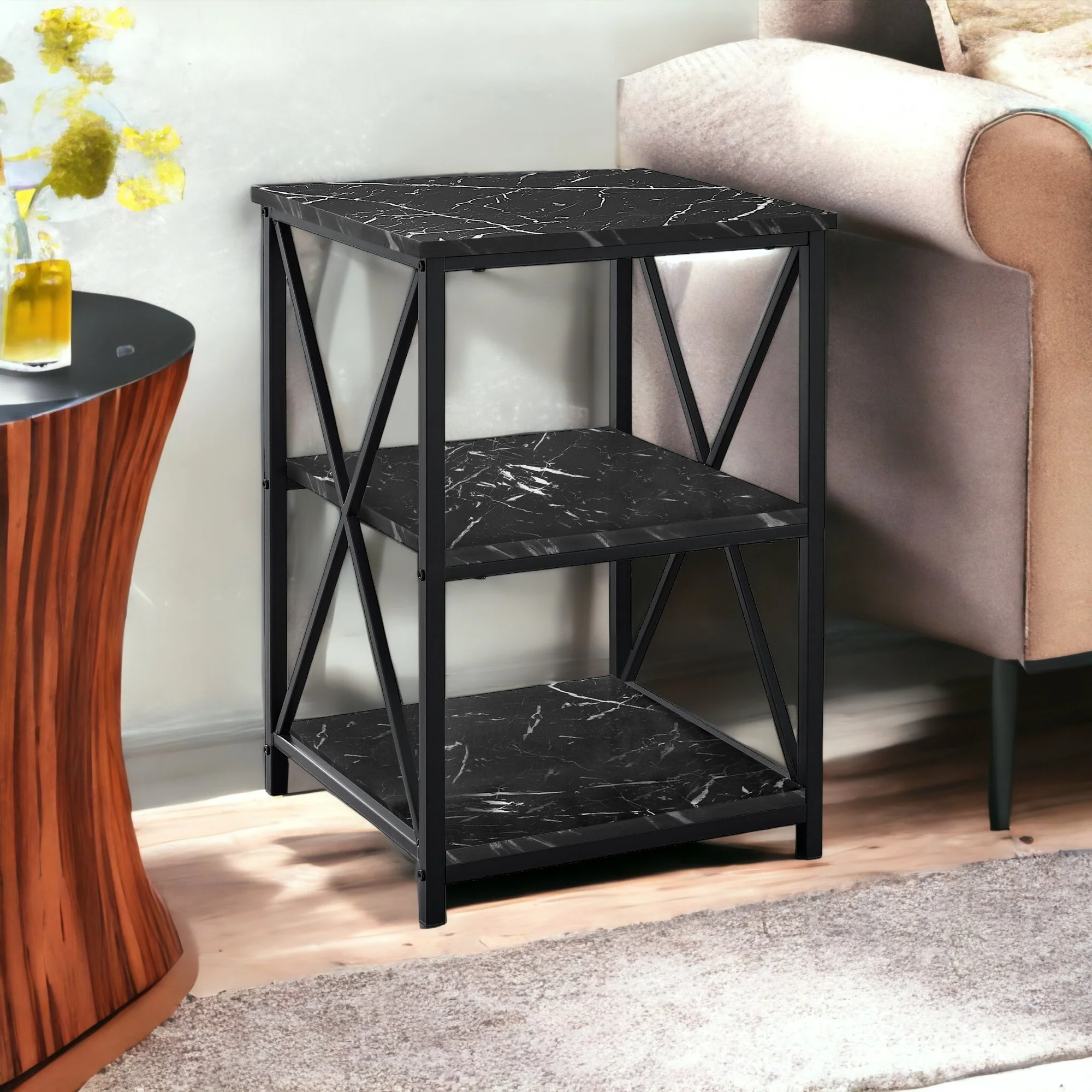 26" Black Faux Marble End Table With Two Shelves By Homeroots - Image 6