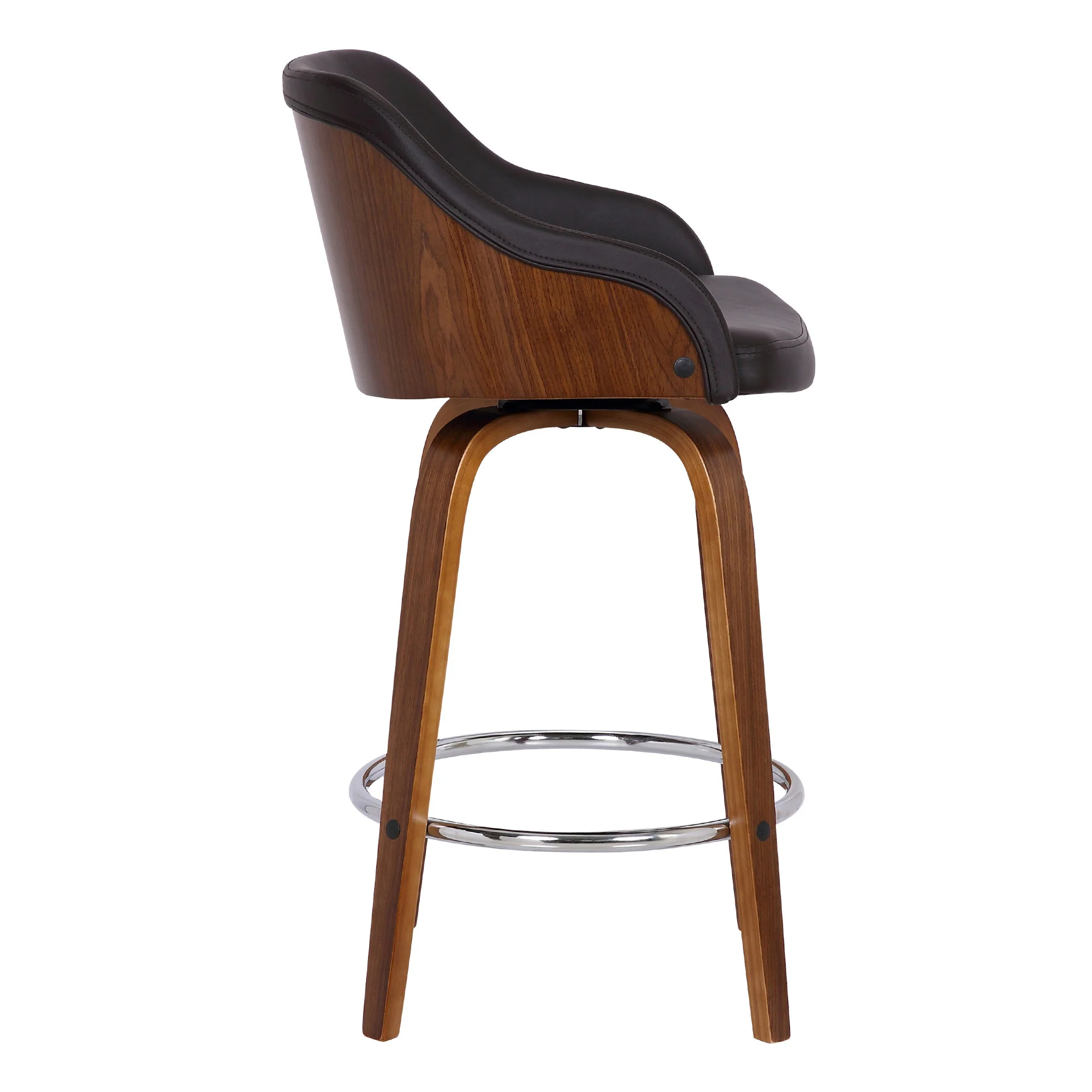 26" Brown Swivel Faux Leather Walnut Wooden Bar Stool By Homeroots - Image 3