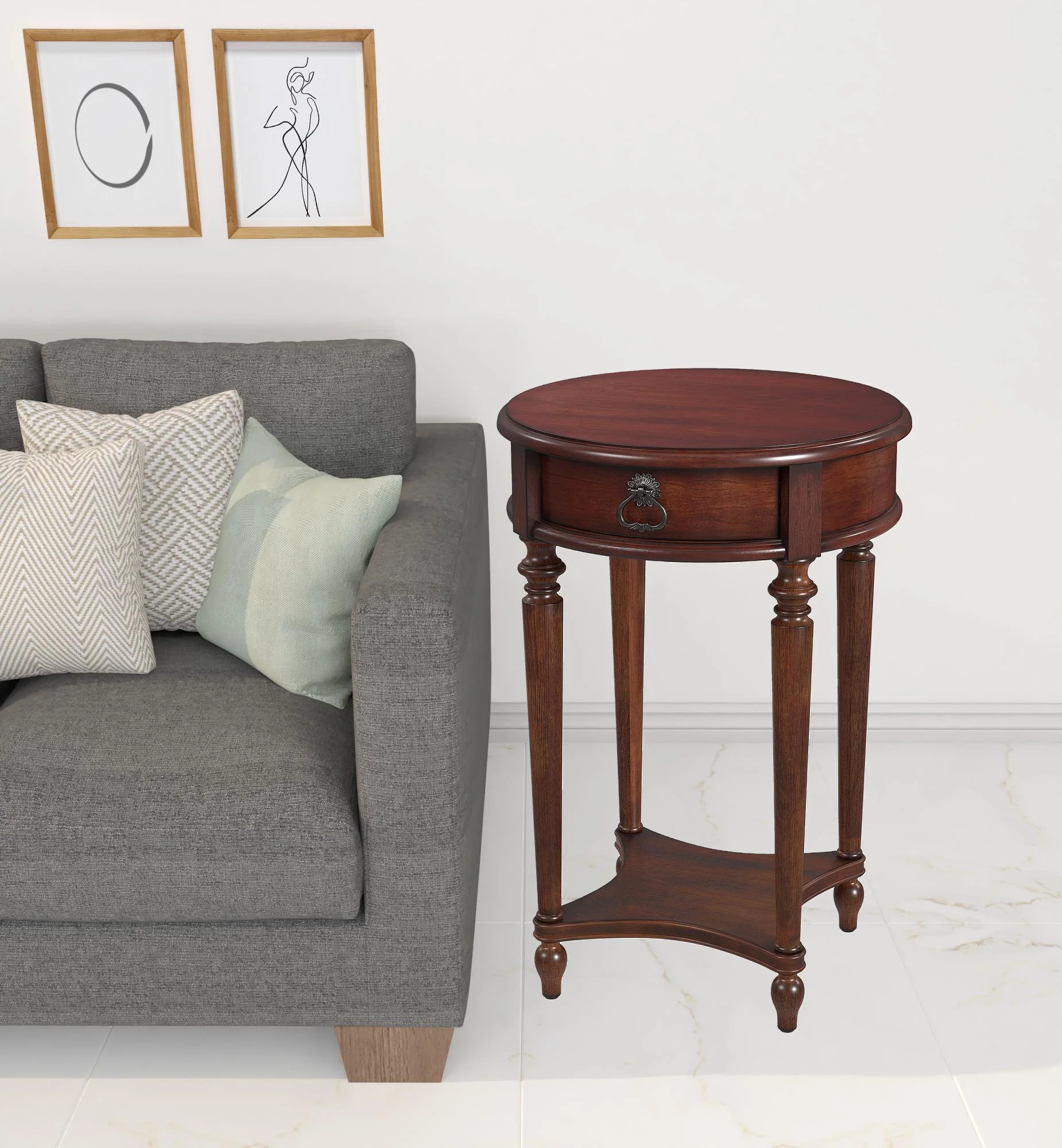 26" Cherry Solid And Manufactured Wood Round End Table With Drawer And Shelf By Homeroots - Image 6