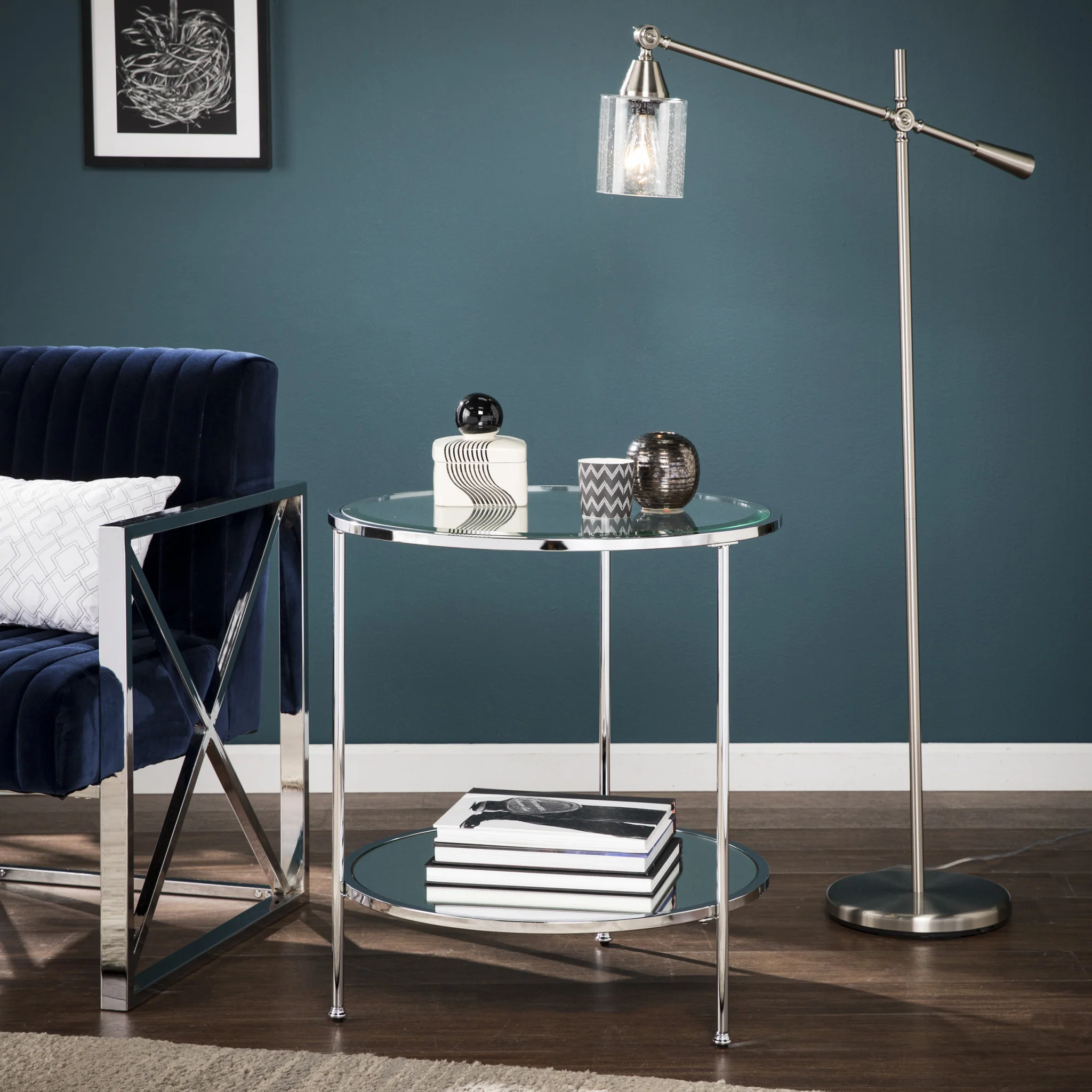 26" Chrome Glass And Iron Round Mirrored End Table With Shelf By Homeroots - Image 4