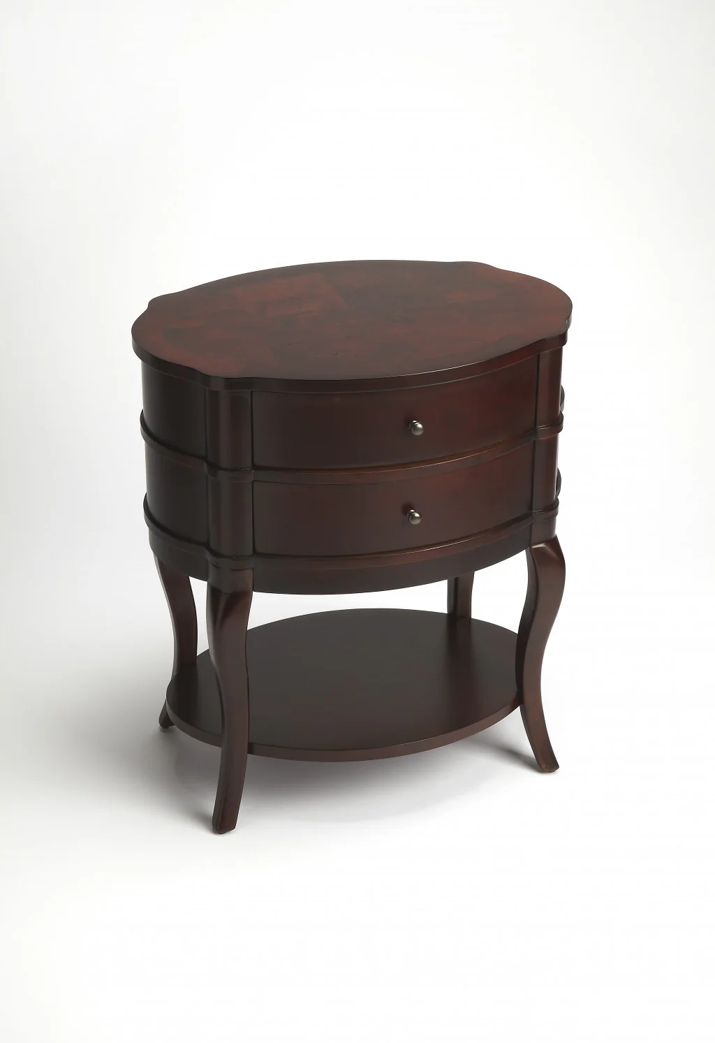 26" Dark Brown And Cherry Solid And Manufactured Wood Oval End Table With Two Drawers And Shelf By Homeroots - Image 2