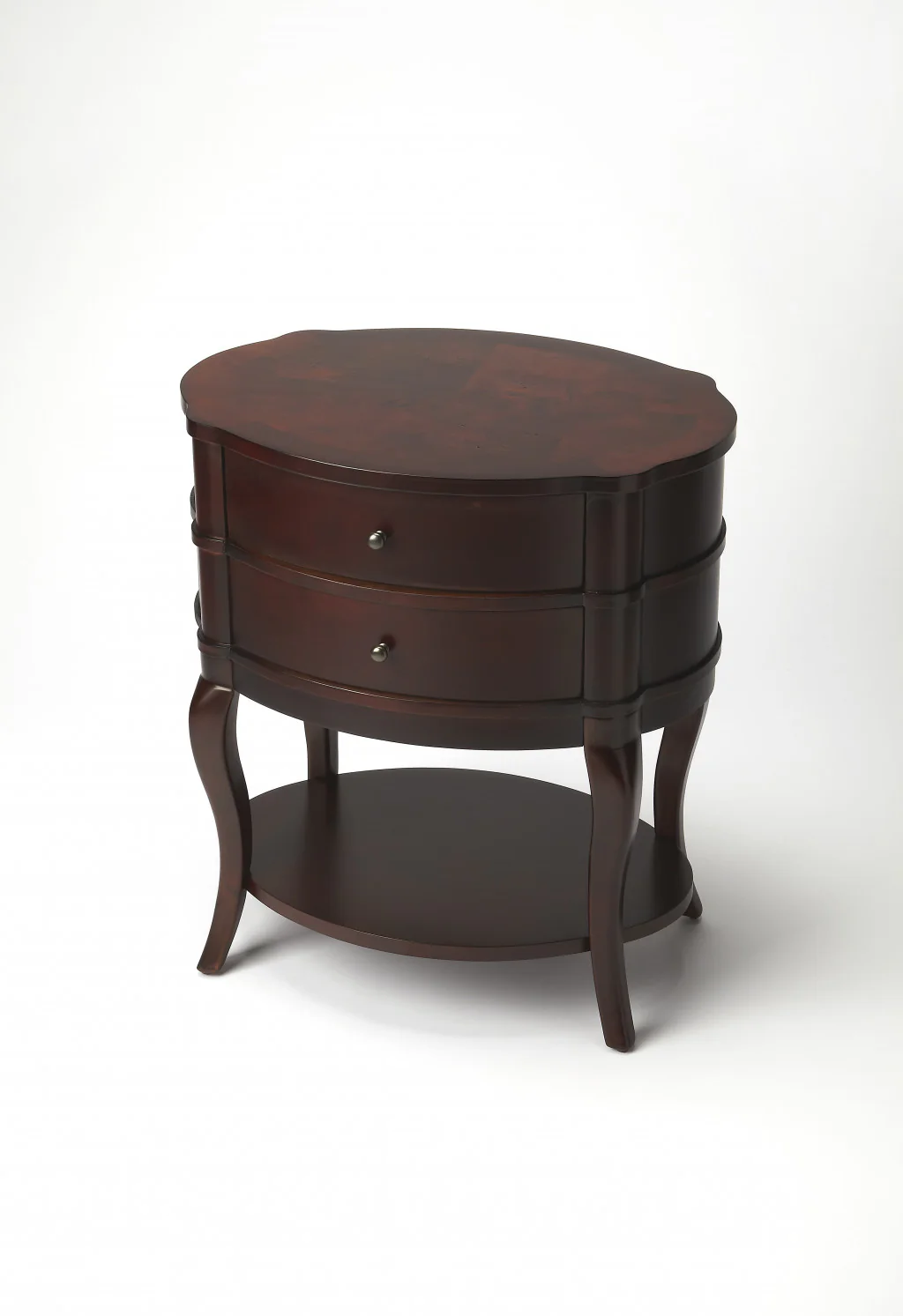 26" Dark Brown And Cherry Solid And Manufactured Wood Oval End Table With Two Drawers And Shelf By Homeroots - Image 3