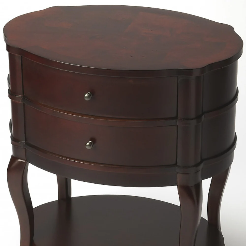 26" Dark Brown And Cherry Solid And Manufactured Wood Oval End Table With Two Drawers And Shelf By Homeroots - Image 4