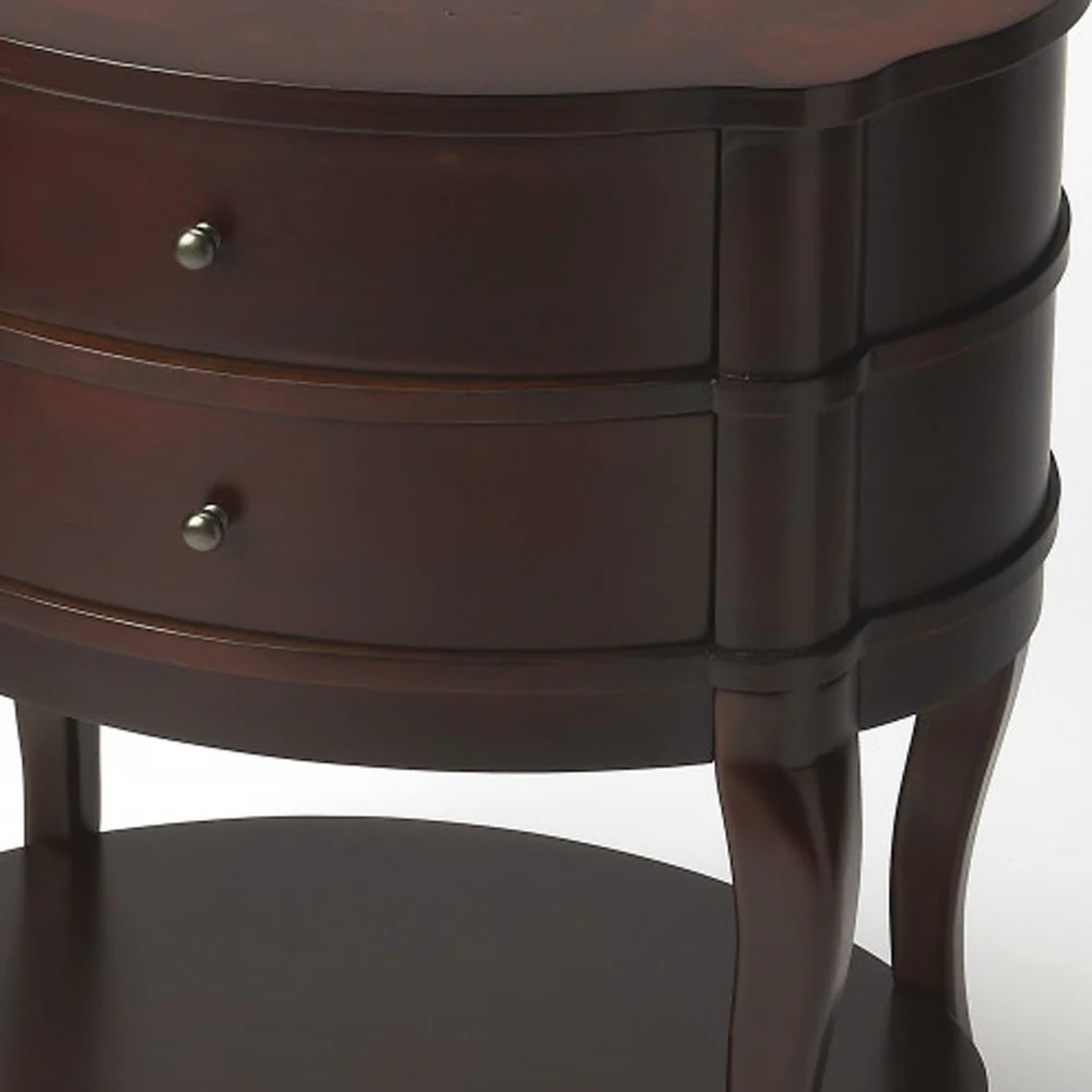 26" Dark Brown And Cherry Solid And Manufactured Wood Oval End Table With Two Drawers And Shelf By Homeroots - Image 5