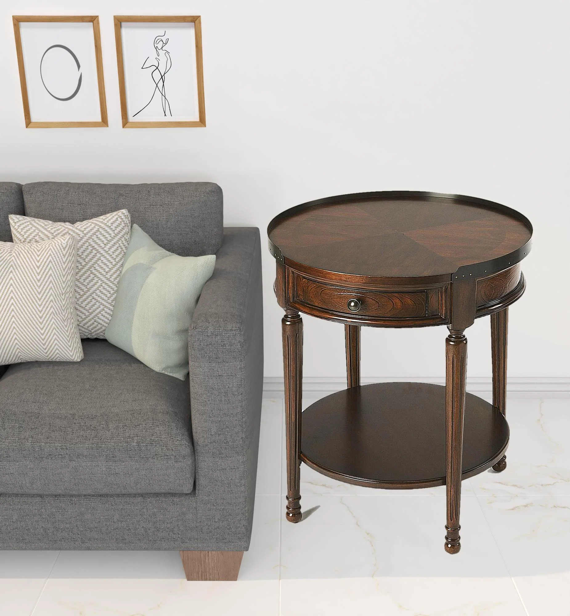 26" Dark Brown Manufactured Wood Round End Table With Drawer And Shelf By Homeroots - Image 4