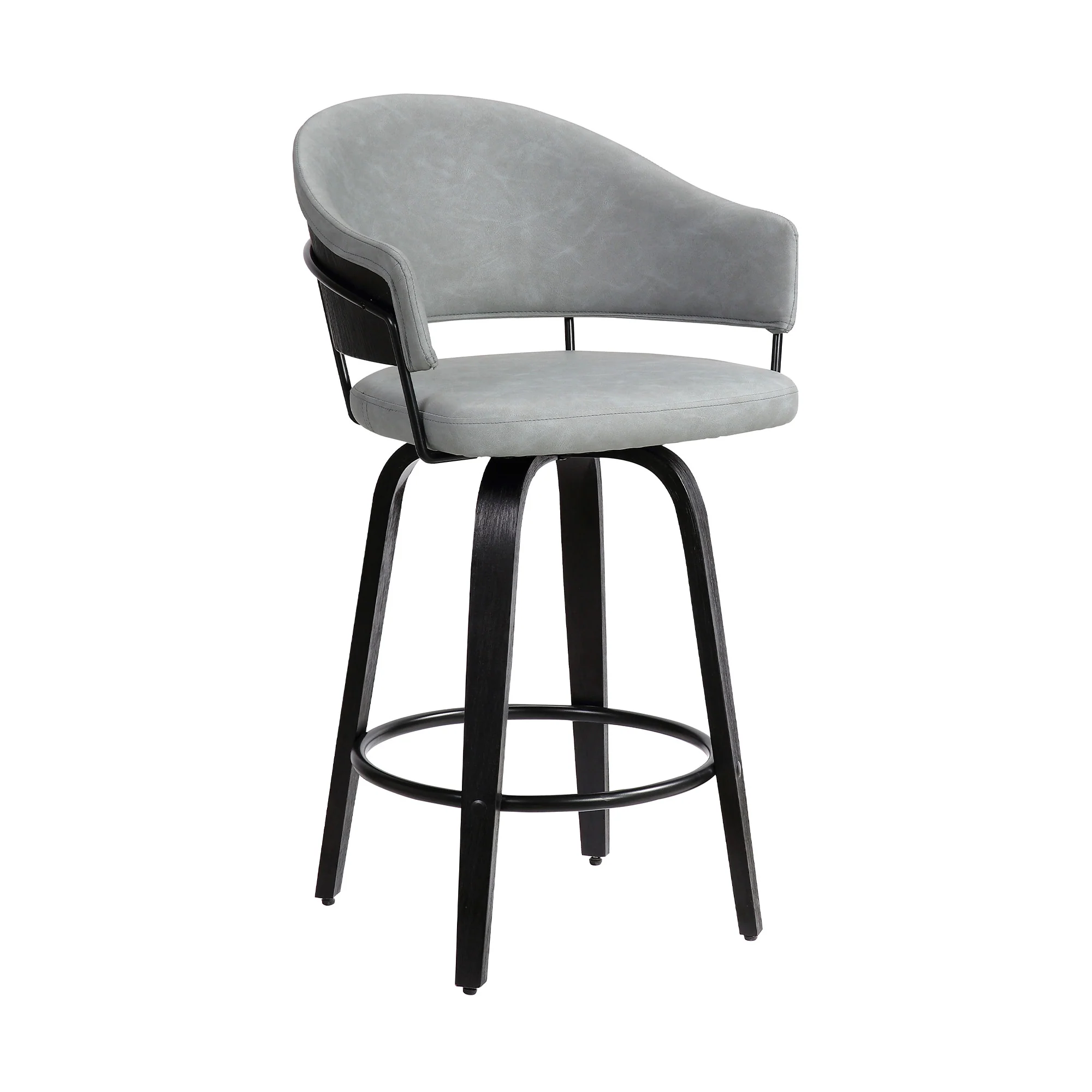 26" Dark Grey Faux Leather Black Wood Swivel Bar Stool By Homeroots - Image 2