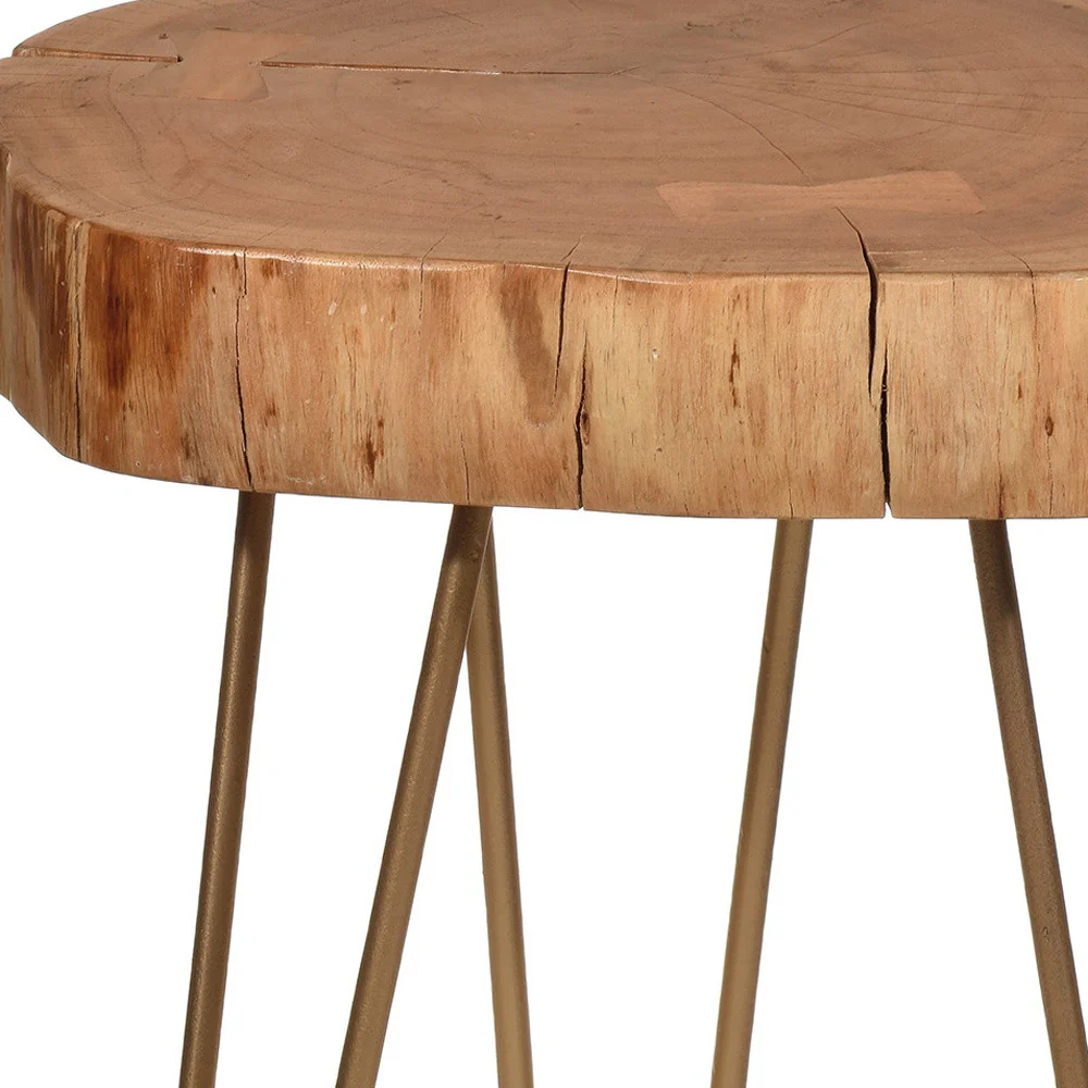 26" Gold And Natural Solid Wood Round End Table By Homeroots - Image 3