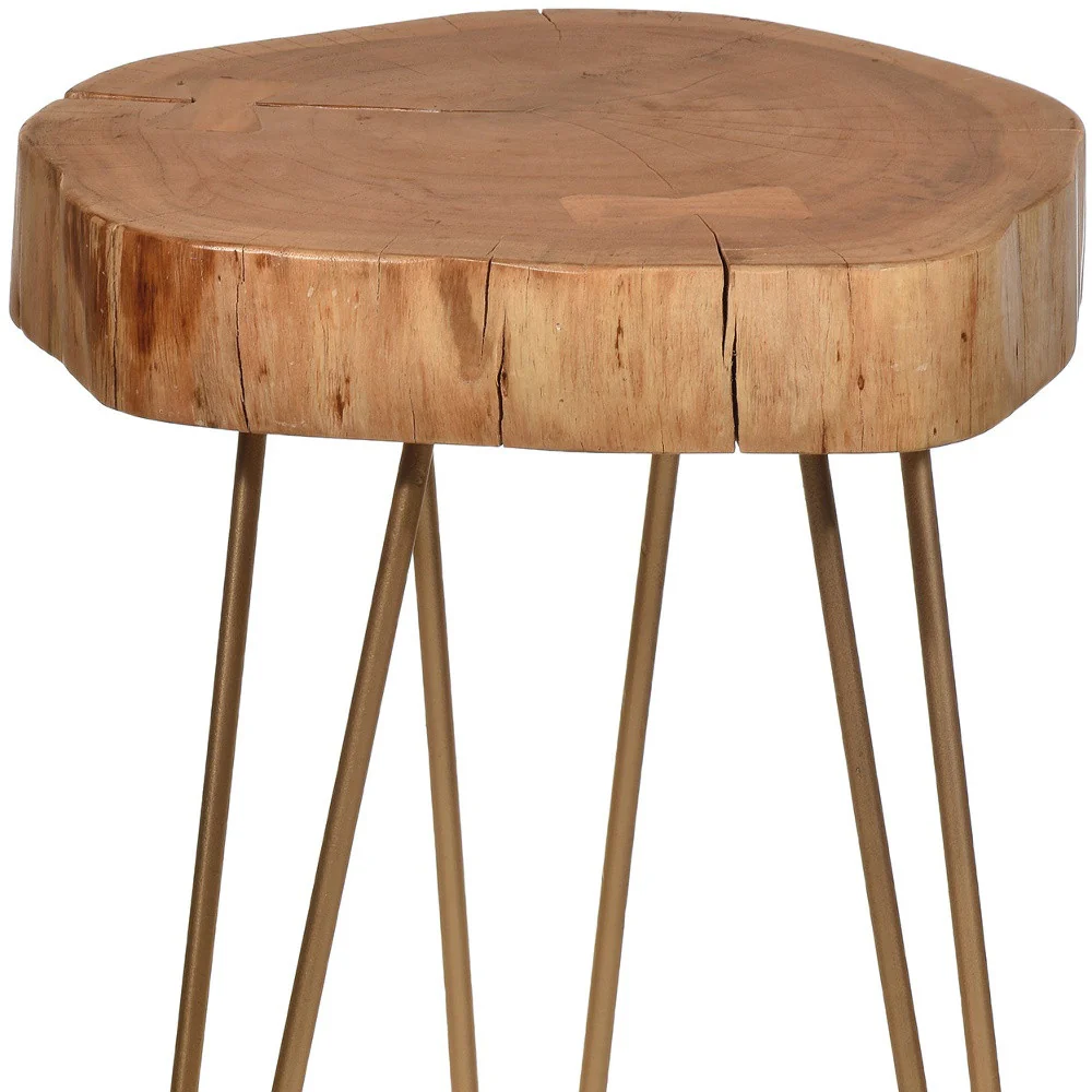 26" Gold And Natural Solid Wood Round End Table By Homeroots - Image 4