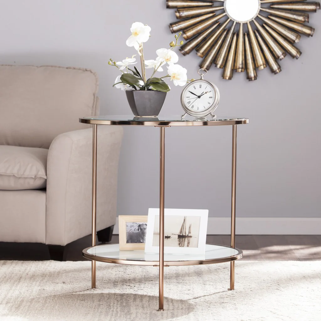 26" Gold Glass And Iron Round End Table With Shelf By Homeroots